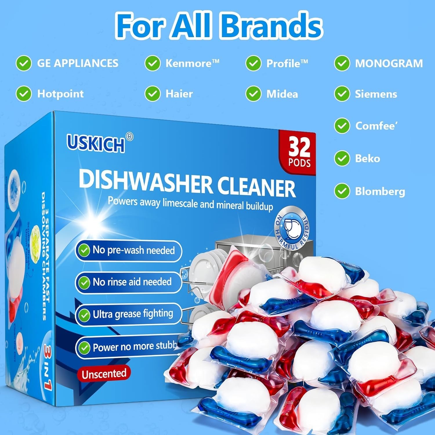 32 Count Dishwasher Pods, No Pre-Rinse Dishwasher Detergent Soap
