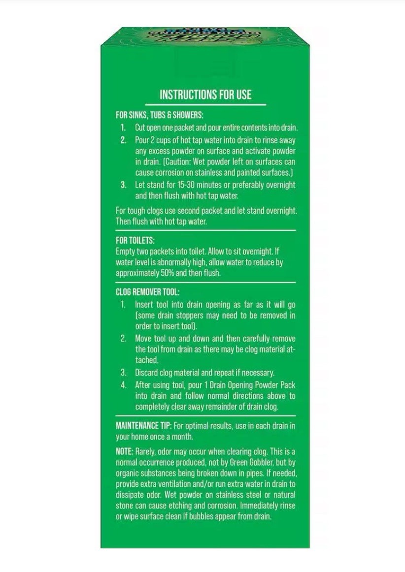 Green Gobbler Drain and Toilet Clog Opening Packs 3 Count + 1 Clog Remover Stick