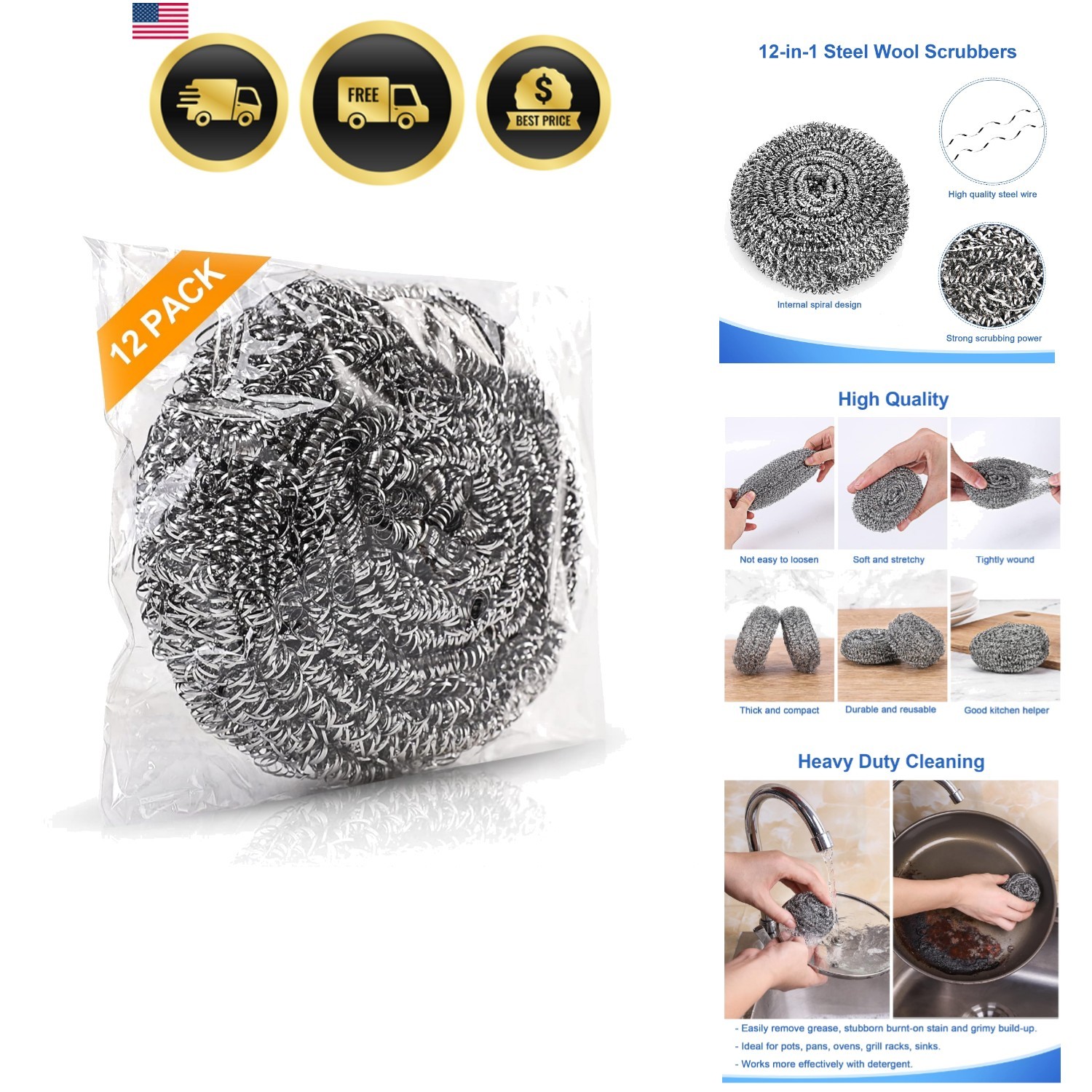 12Pack Upgraded Steel Wool Scrubbers – Stainless Steel Scrubber, Metal Scour…