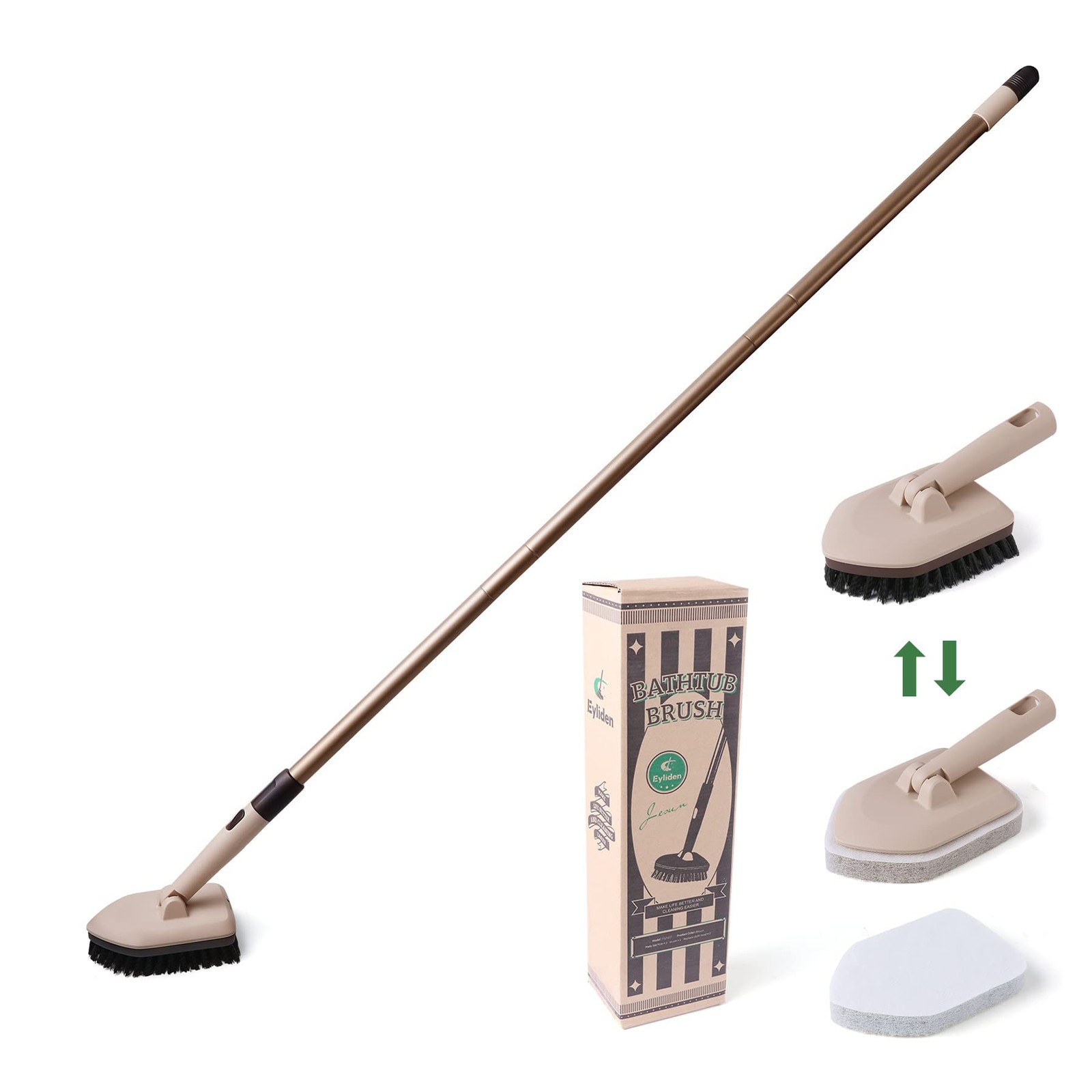 Shower Scrubber with Long Handle, 2 Type Head, Tile Tub Scrub Brush