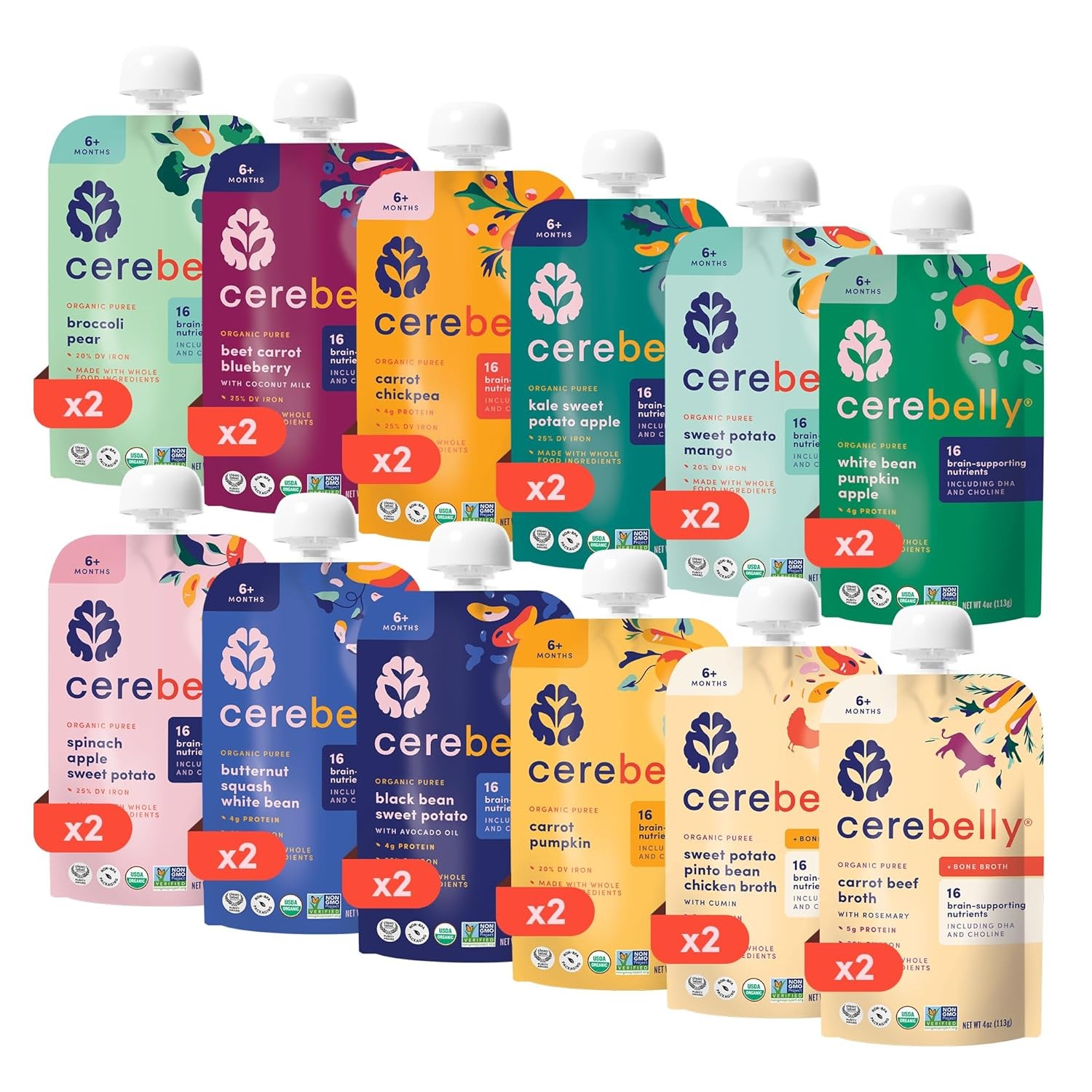 Cerebelly Organic Baby Food Pouches, First Flight Sampler Variety Pack, No Add
