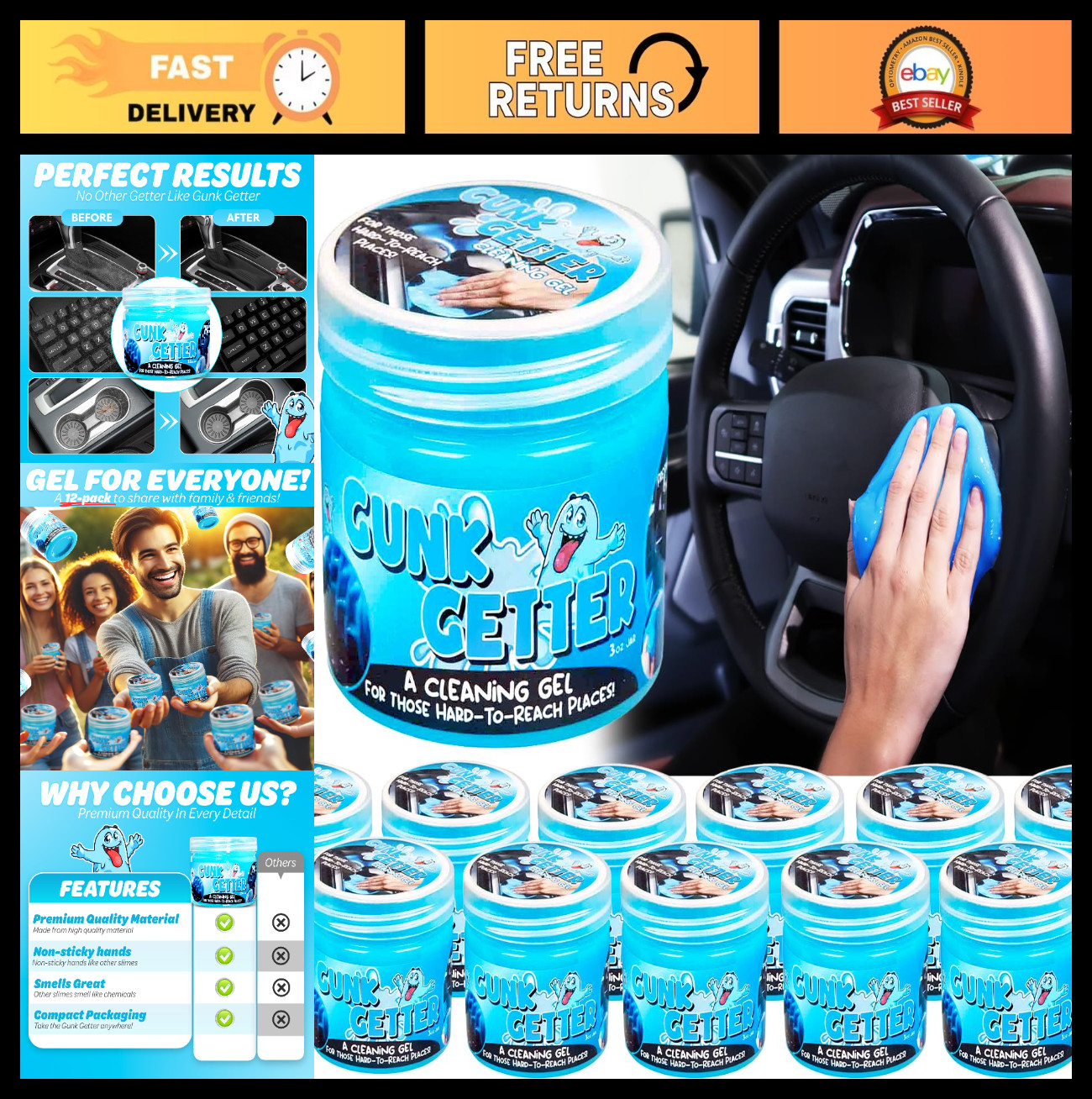 12 Pack Cleaning Gel Slime for Hard to Reach Areas, Dust & Crumb Remover, 3.5oz