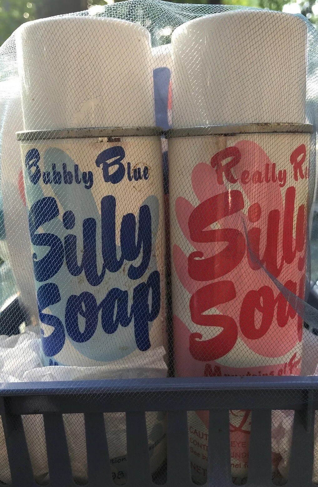 2- SILLY SOAP Spray Cans Red / Blue & 2- SPONGES By FULLER BRUSH Gift Basket