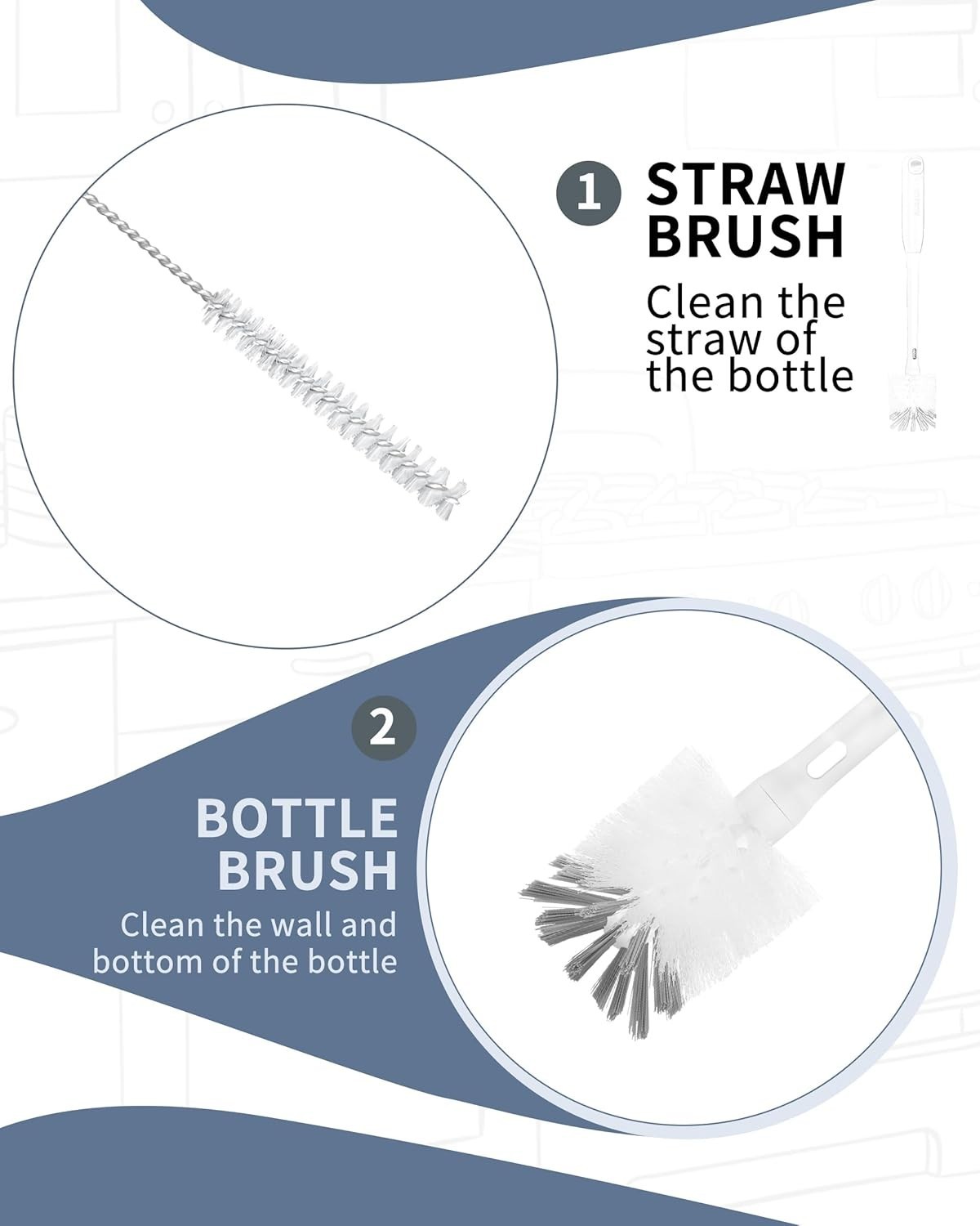 2 in 1 Long Handle Bottle Brush with Straw Brush for Cleaning Glass, Sports