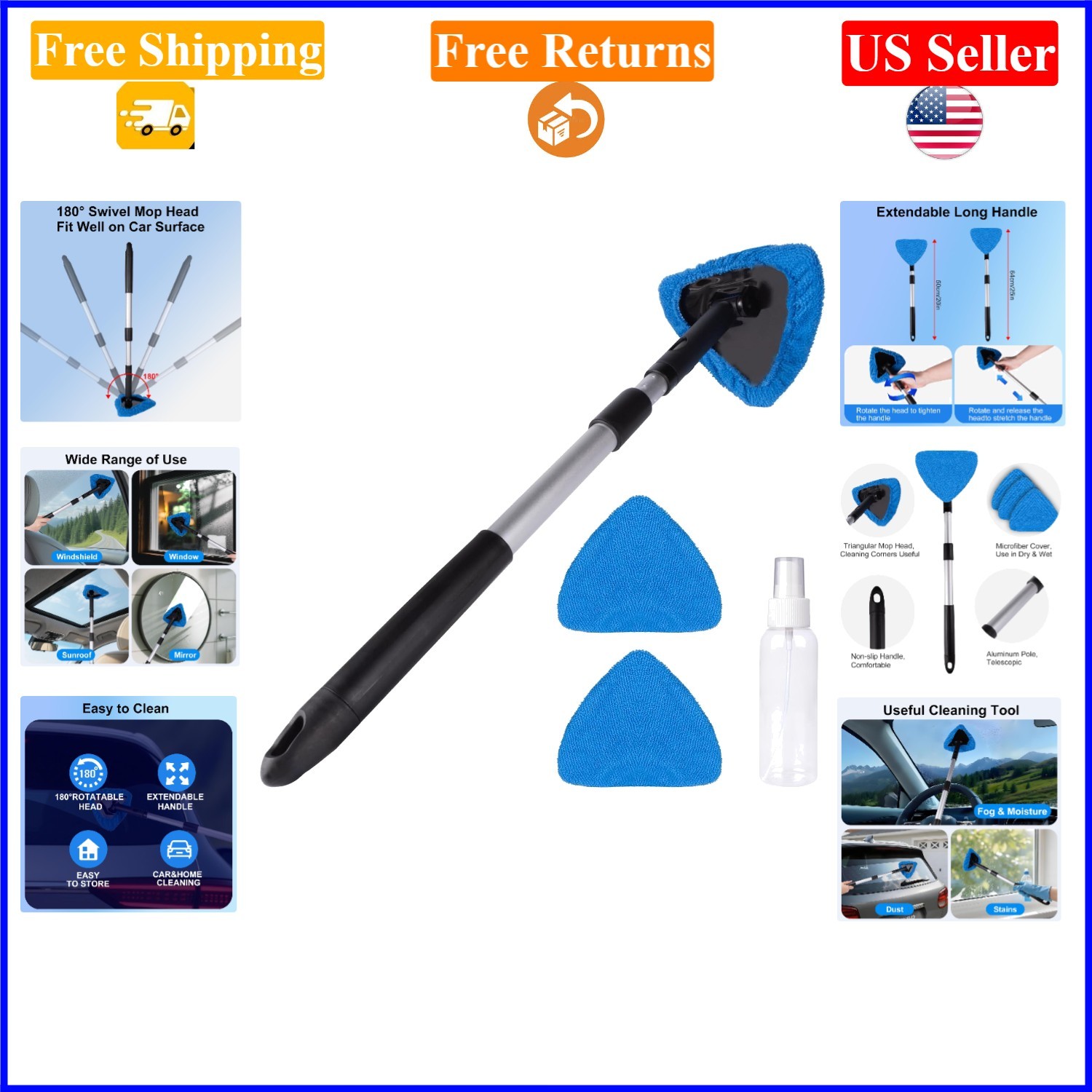 Dark Blue Extendable Car Windshield Cleaner Kit with Microfiber Pads & Spray