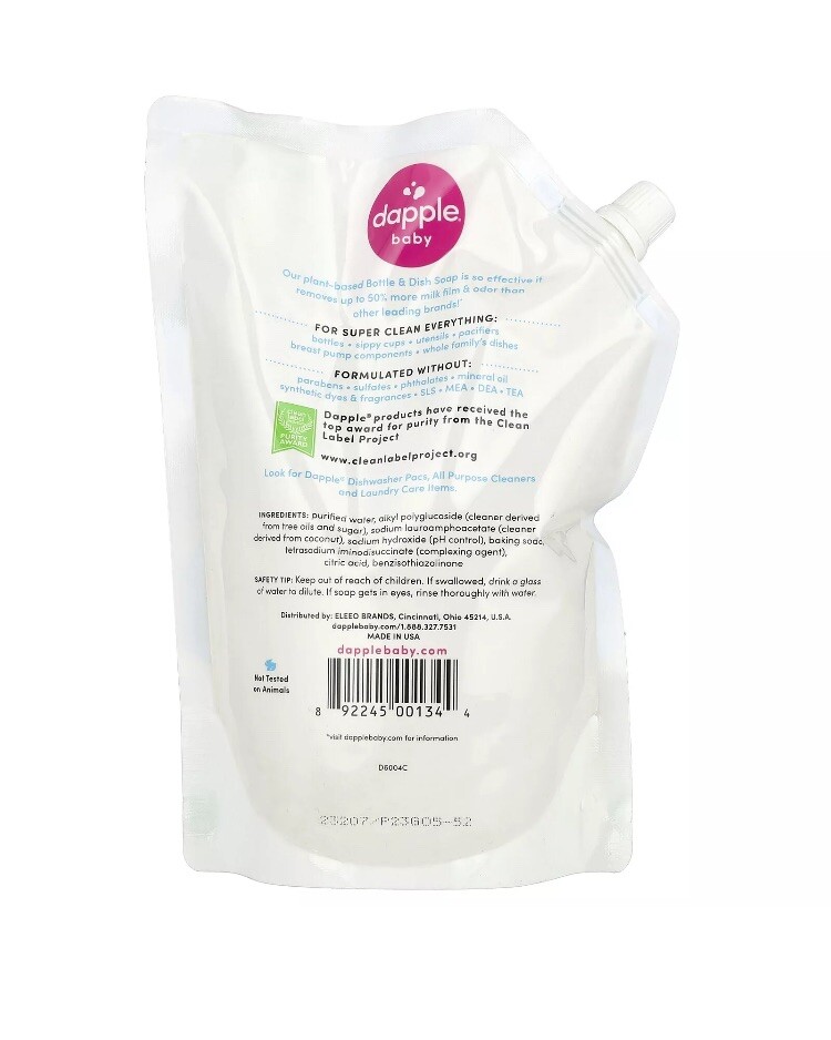 Dapple Baby Bottle & Dish Soap Refill Fragrance Free 33.8 fl oz/1 L Sealed New