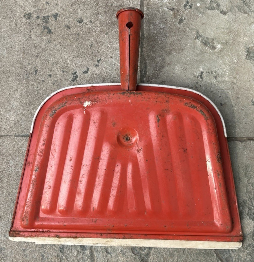 Vtg Red Metal Dustpan Floral w/ Fruit – Apple, Pear, Cherries – Very Worn, Rusty