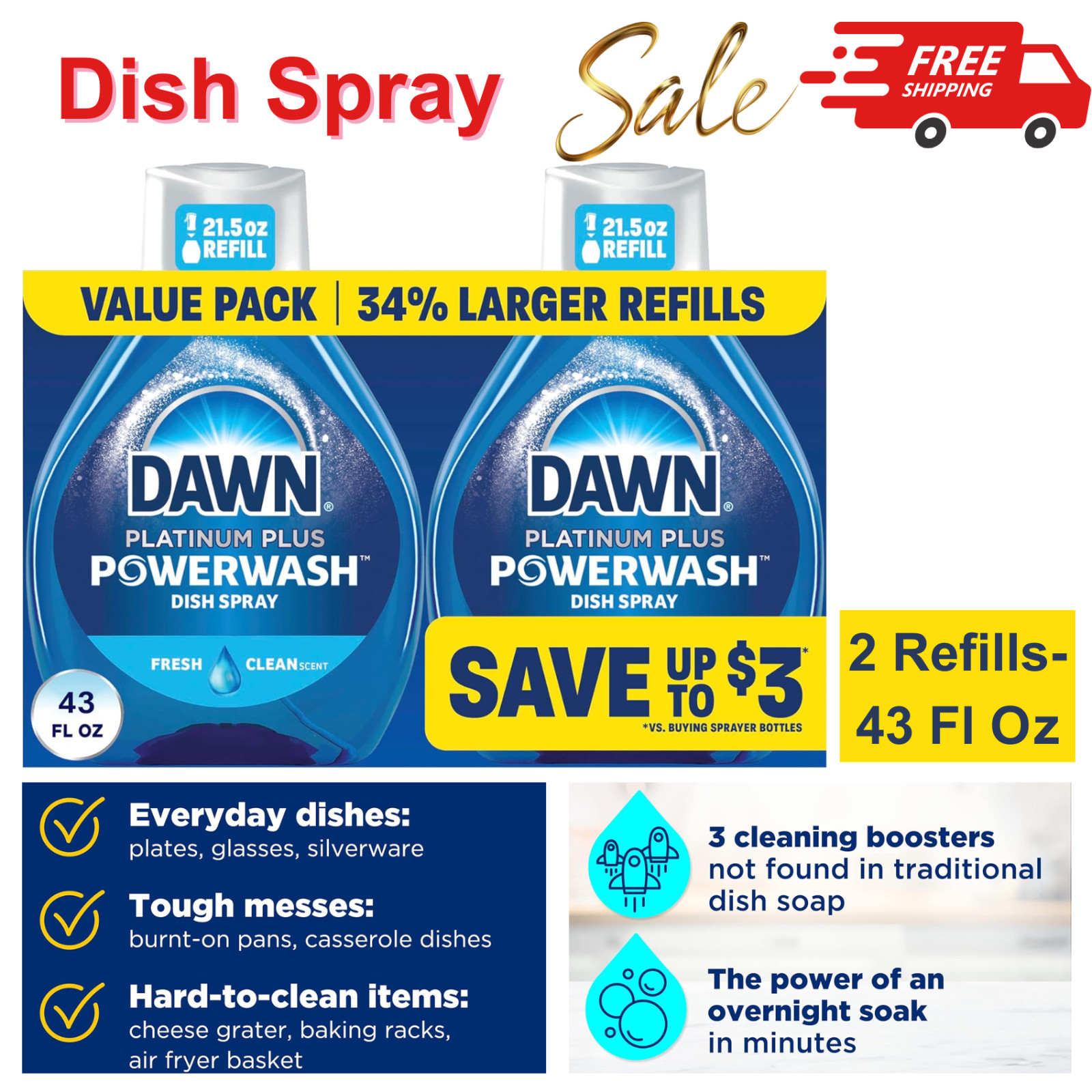 Powerwash Dish Spray Refill, Fast Grease Cleaning, Fresh Scent, 43Fl Oz, 2-Packs