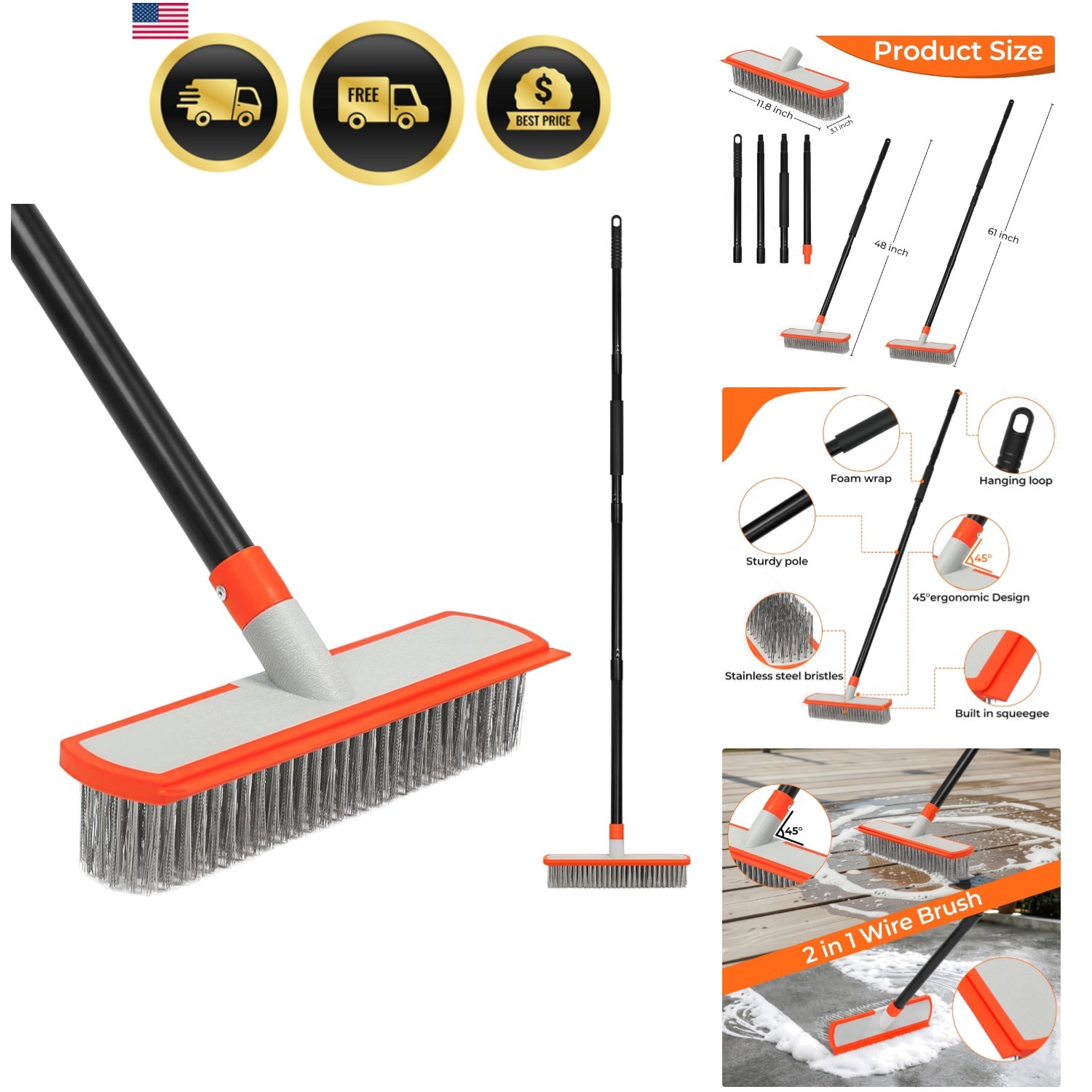 Stainless Steel Concrete Brush with Long Handle – Heavy Duty Deck Brush for C…