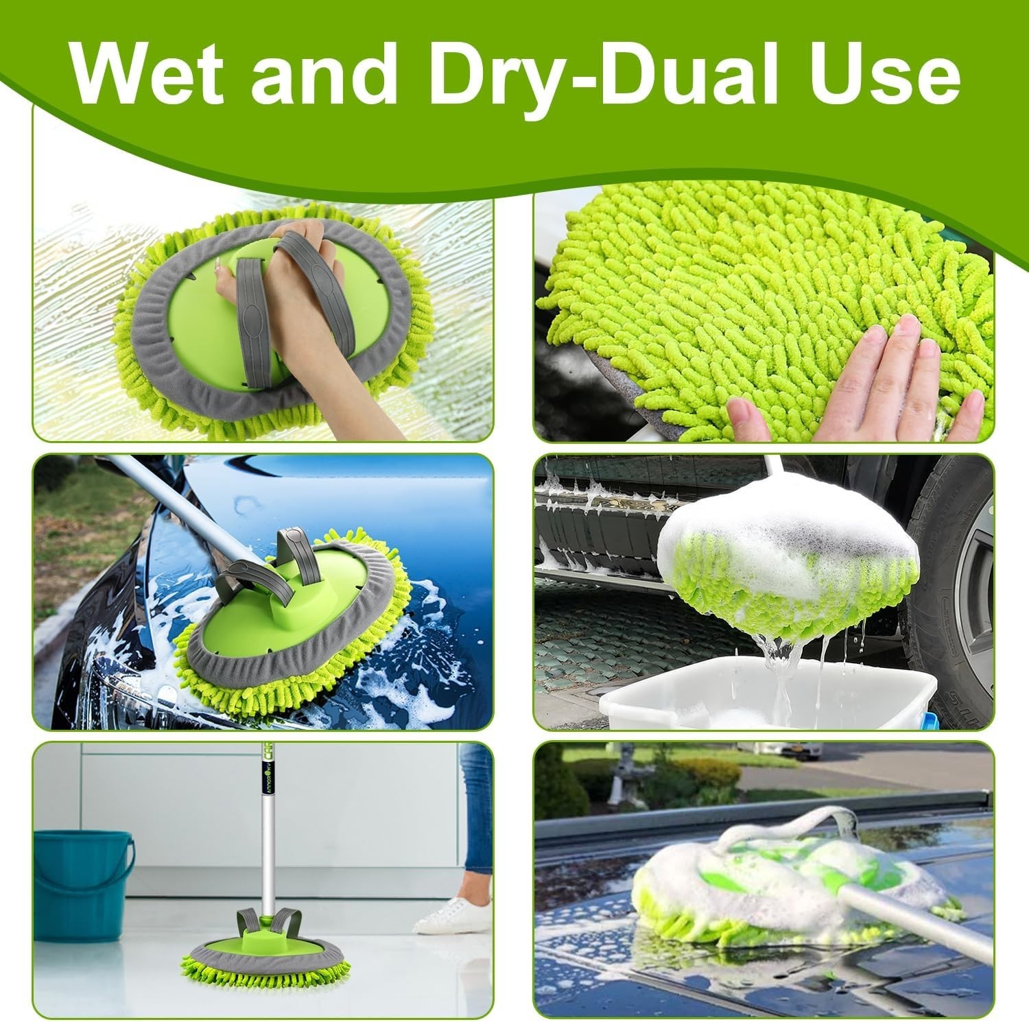 62″ Microfiber Car Wash Brush Mop Kit Mitt Sponge with Long Handle Car Cleani…