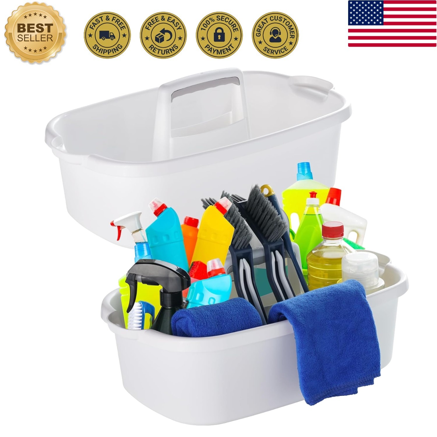Spacious 2-Pack White Cleaning Supply Caddy with Handle for Home Organization