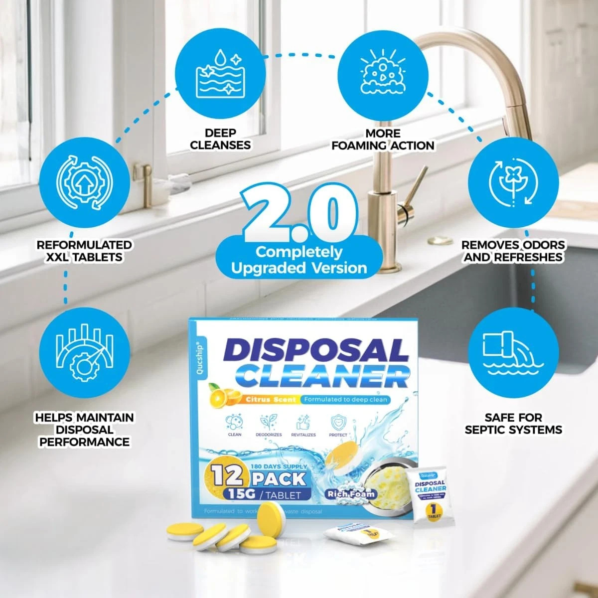 Garbage Disposal Cleaner Deodorizer – 12 Pack, Foaming Citrus Sink Freshener – X
