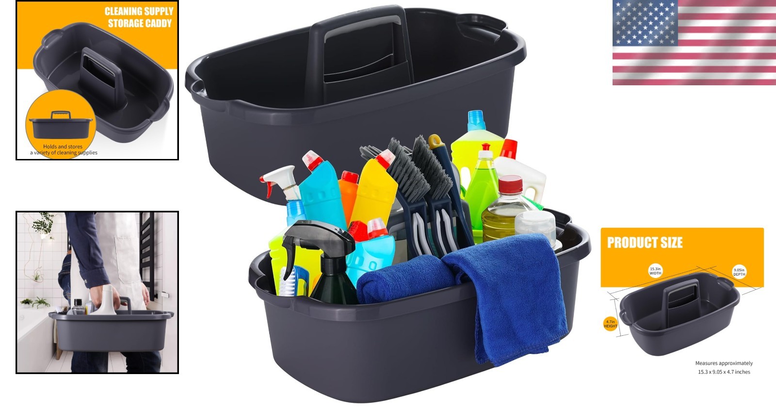Large Gray Plastic Tote Cleaning Caddy – Convenient 2-Pack for Easy Organization