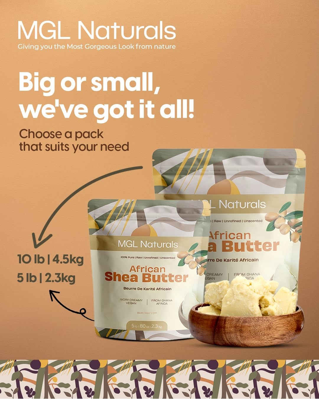 MGL Naturals Raw African Shea Butter Ivory 5 lb, 100% Pure and Unrefined. Nour