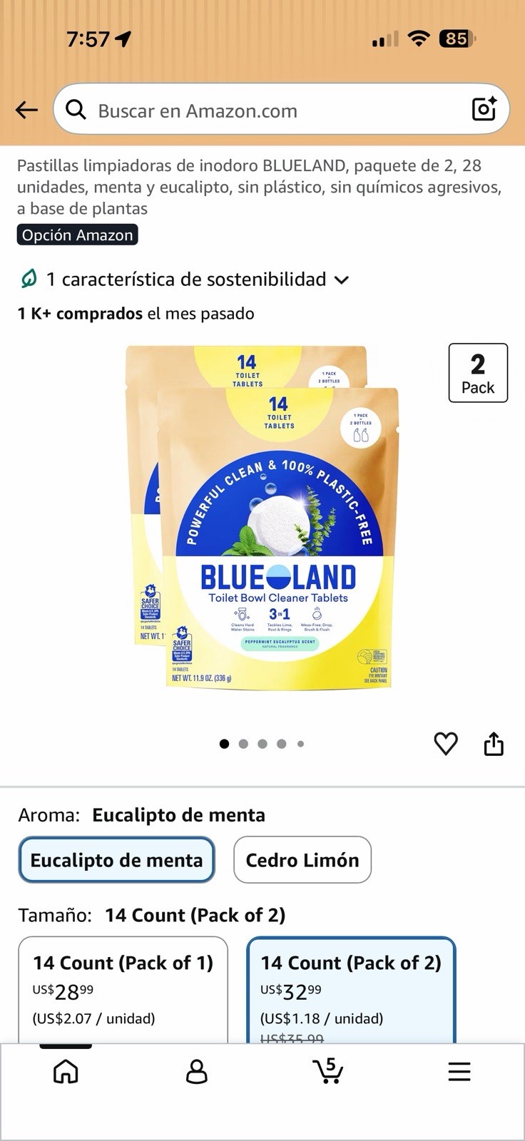 BLUELAND Toilet Bowl Cleaner Tablets, 2-Pack, 28 Count, Peppermint Eucalyptus,