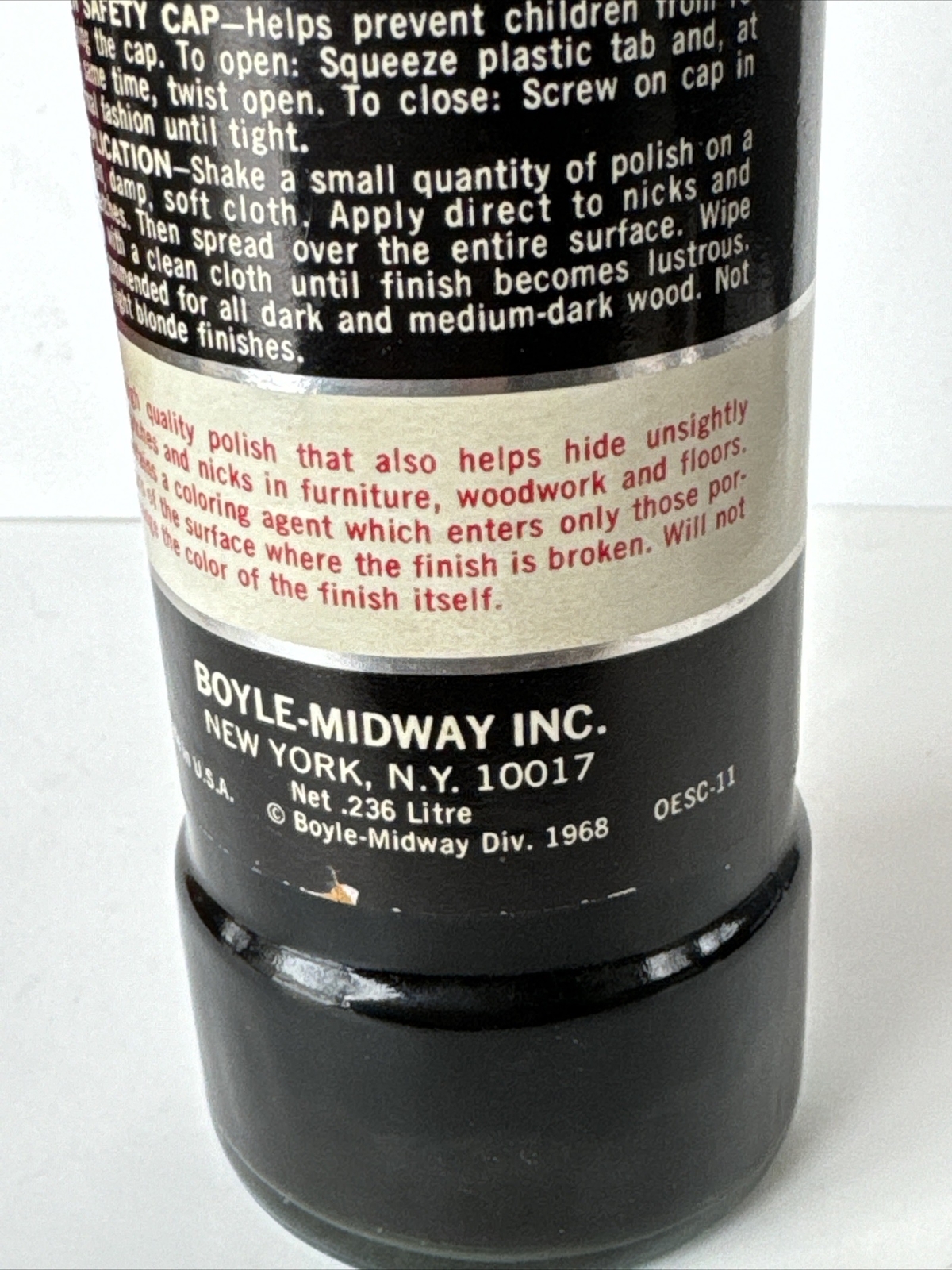 Vintage 1968 Genuine Old English Furniture Scratch Cover Glass Bottle about 3/4