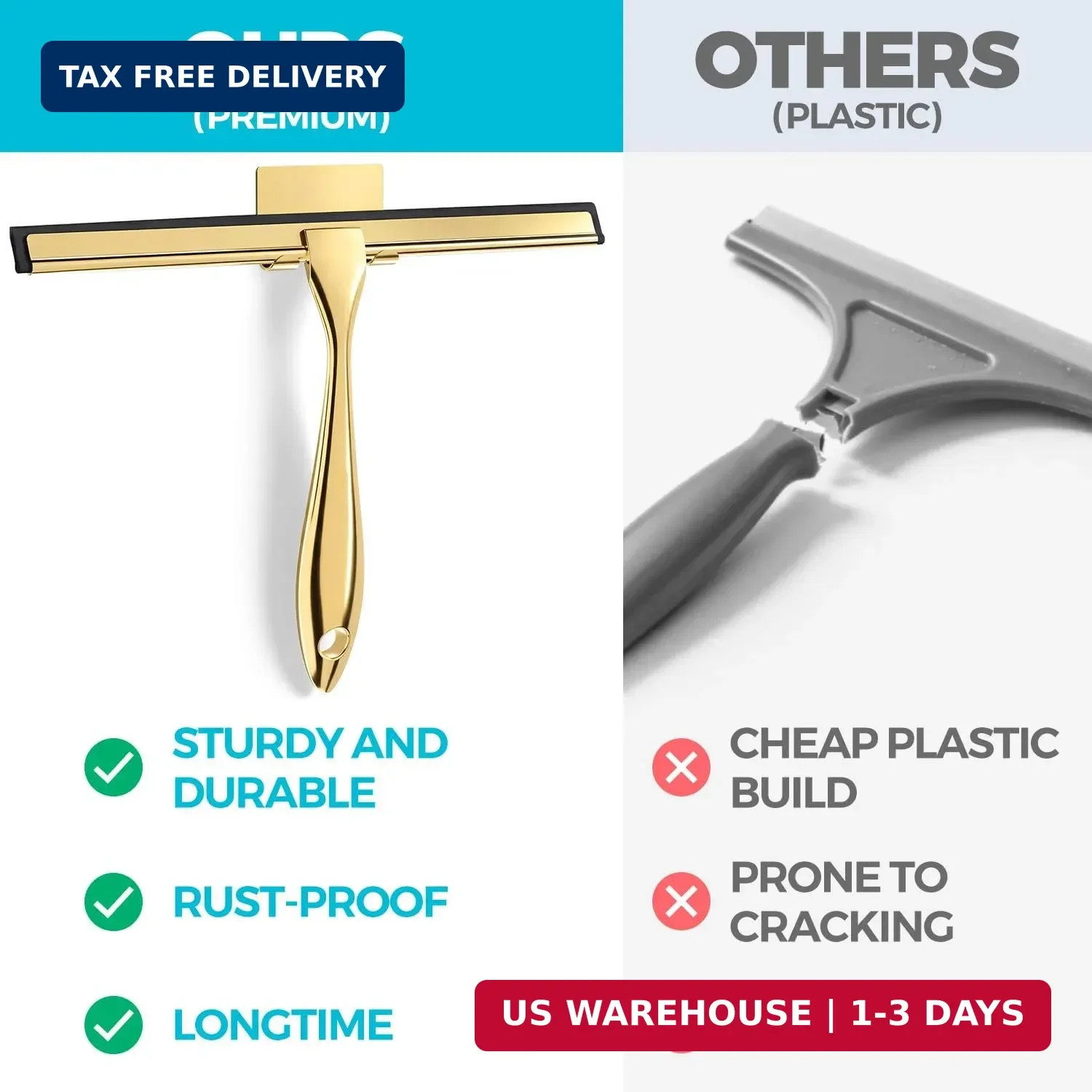 ALFLOD 2PACK 10-Inch Golden All-Purpose Shower Squeegee for Shower Doors, Bath L