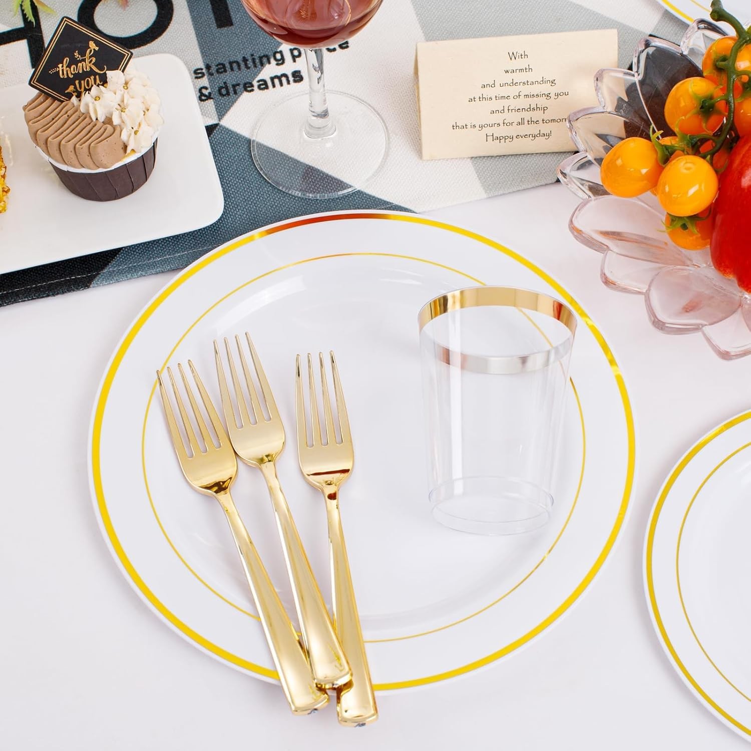 350 Pieces White and Gold Plastic Plates – 50 Guest Dinnerware Set Include 100