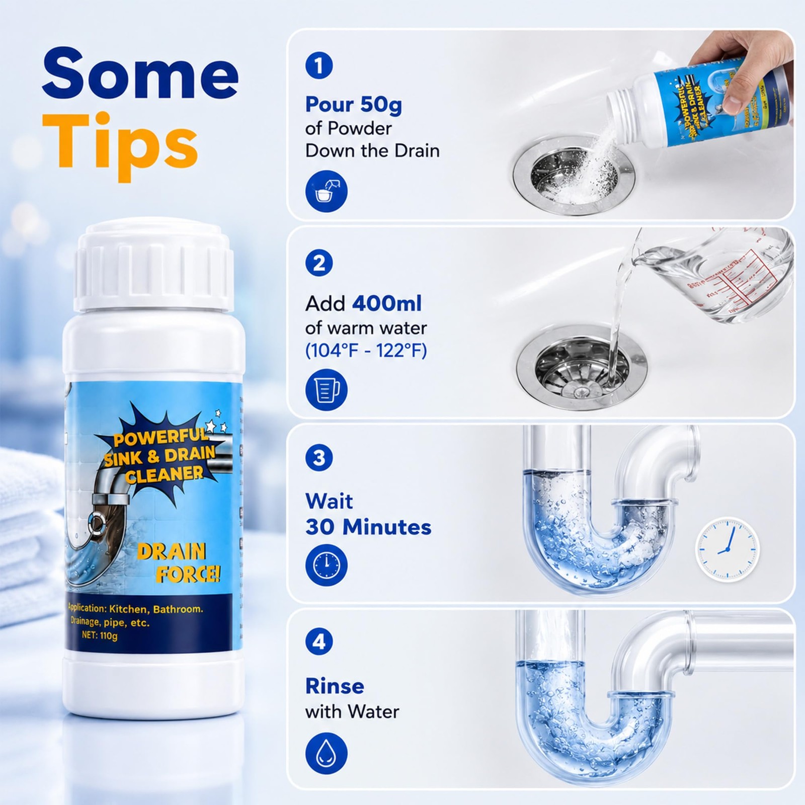 Loruoea 4Pack Potent Drain Cleaner & Clog Remover for Kitchen & Bath Pipes