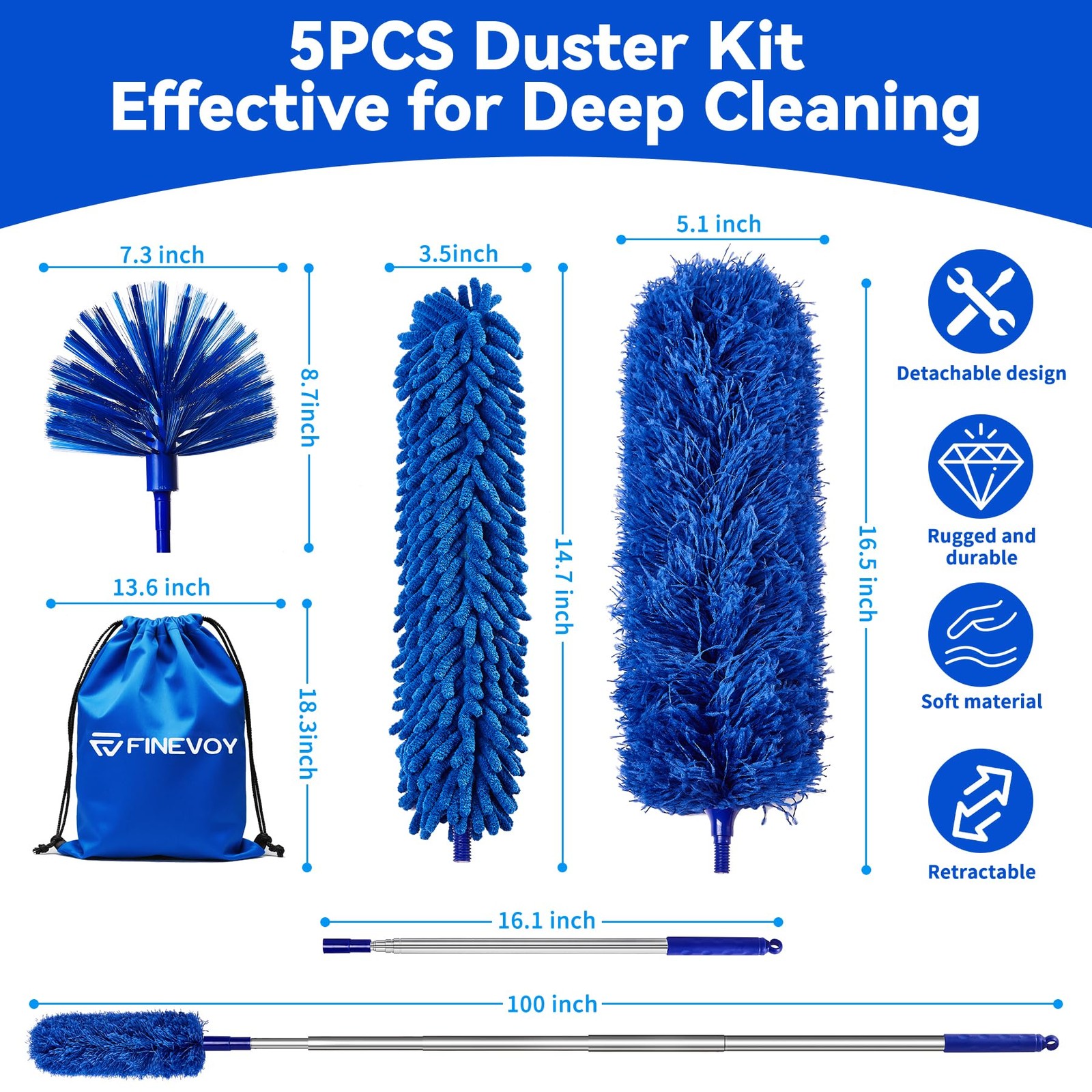 Dusters for Cleaning, Duster with Extension Pole 5 in 1 Kit, Cobweb Duster, L…