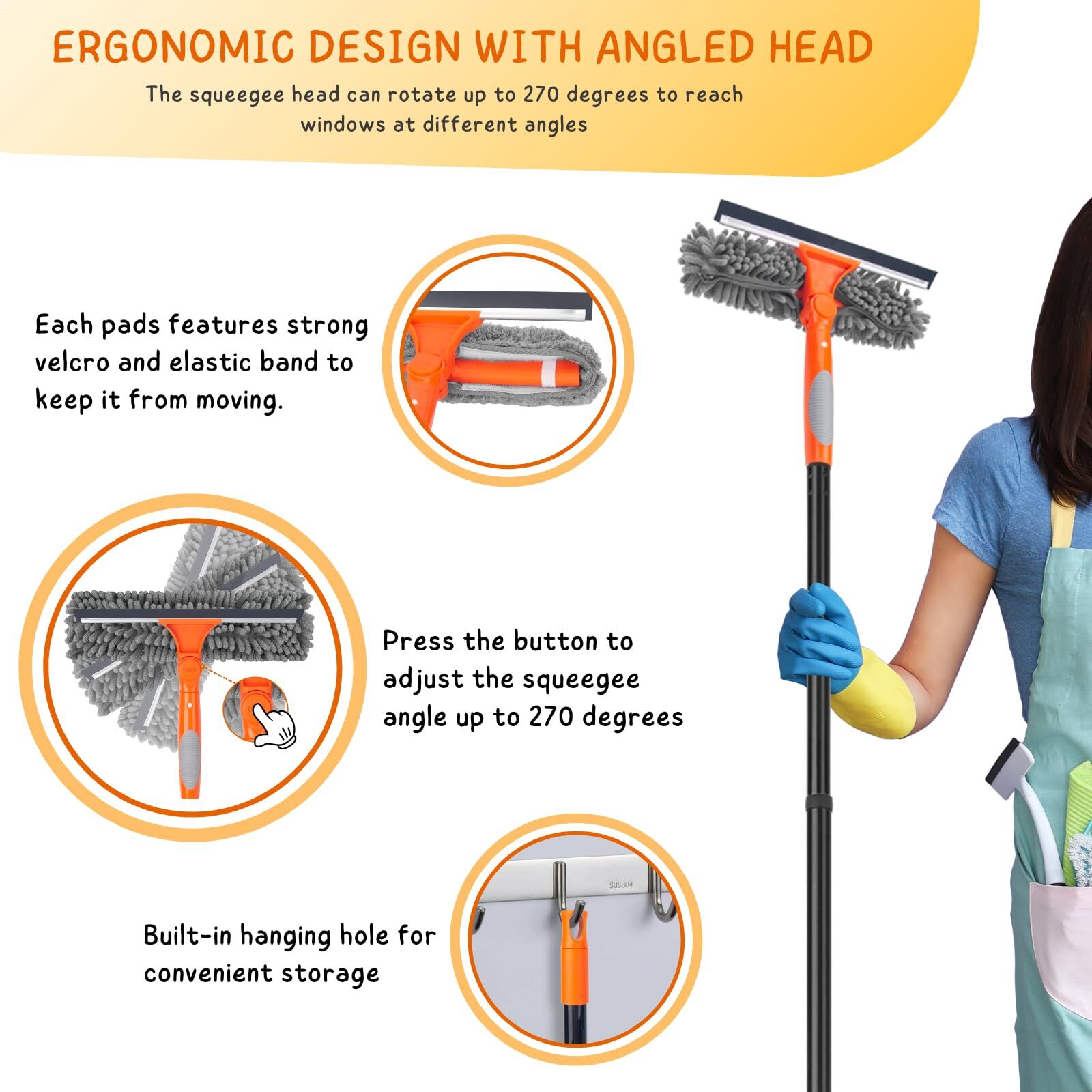 2-In-1 Professional Window Squeegee Cleaner w/ Extension Pole for Indoor Outdoor