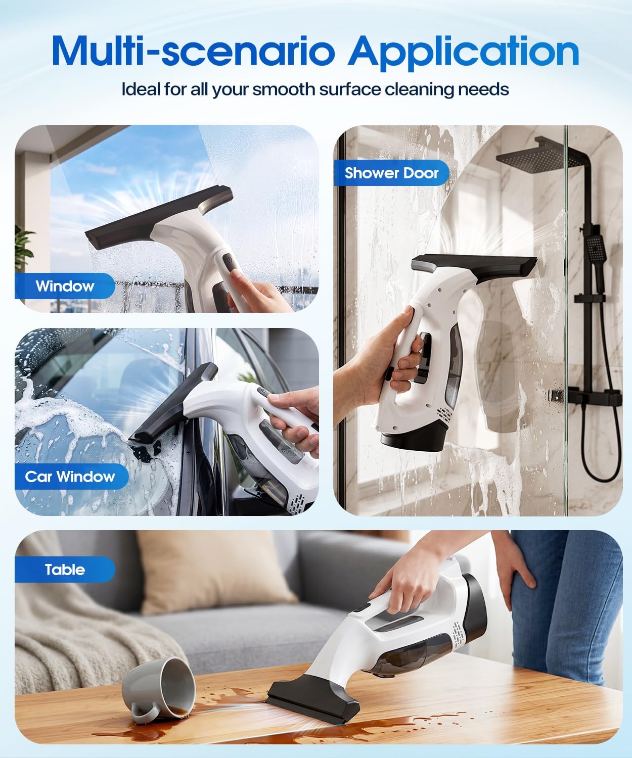 Window Vacuum Squeegee Cordless 3-in-1 Electric Cleaner Tool Spray Microfiber