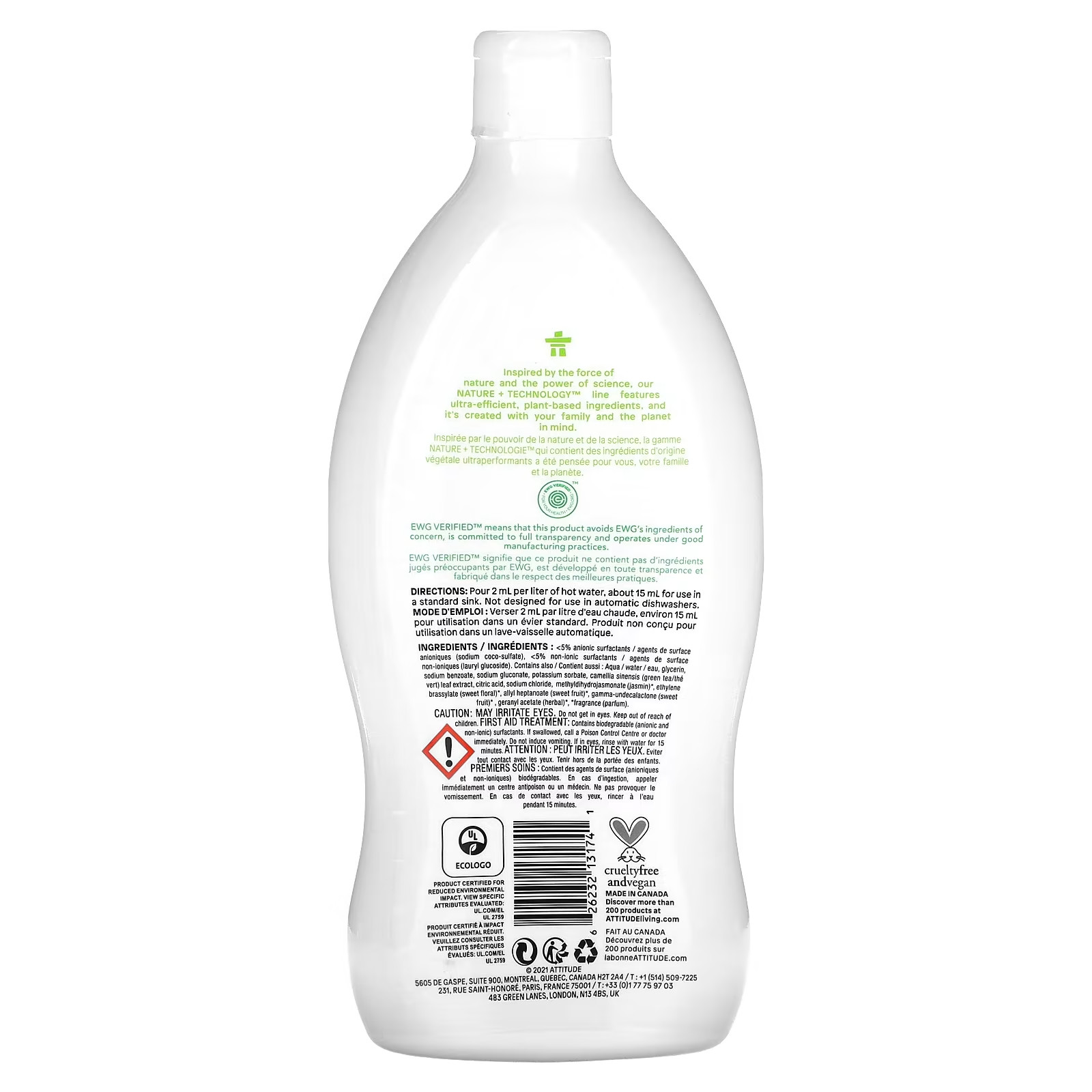 Attitude Nature Technology Dishwashing Liquid Green Apple & Basil 23.7 oz.