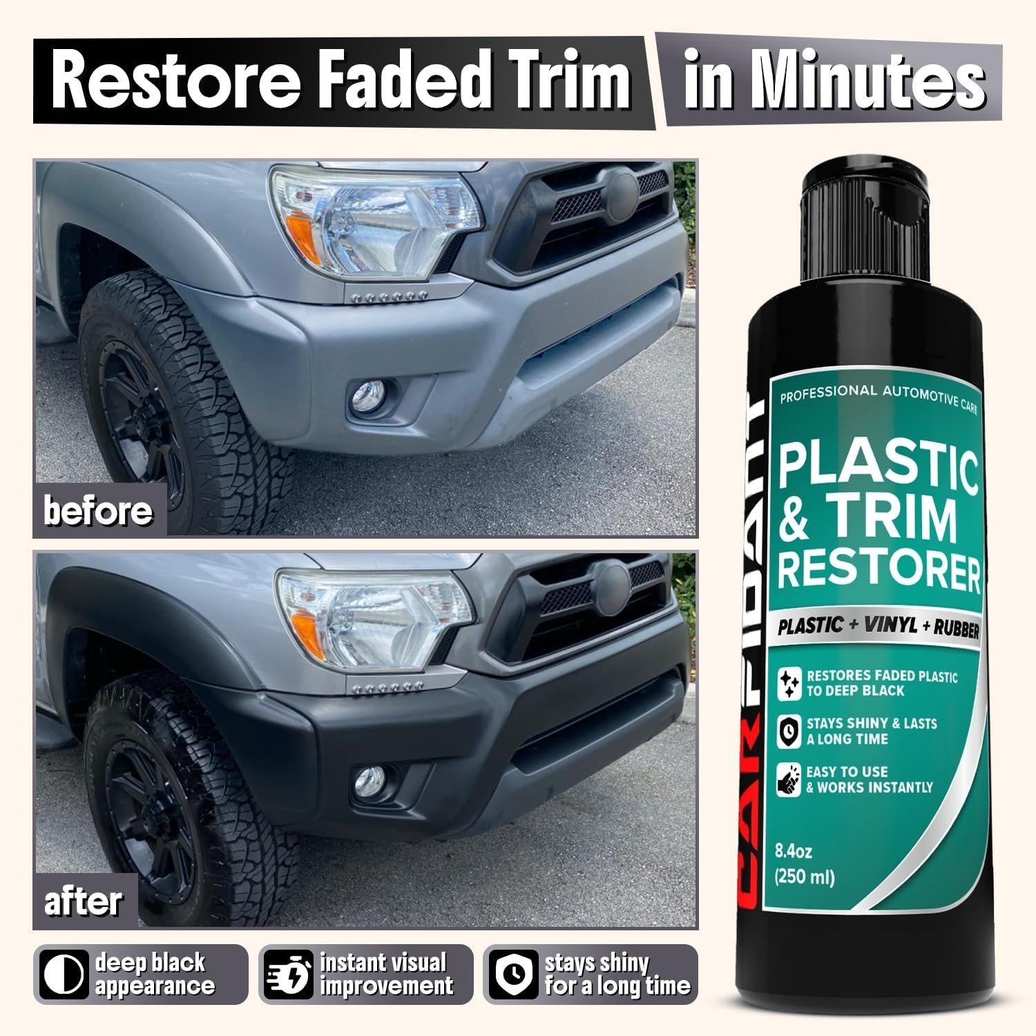 Plastic Restorer for Cars – Restores Faded Black Plastic, Vinyl & Rubber Trim –