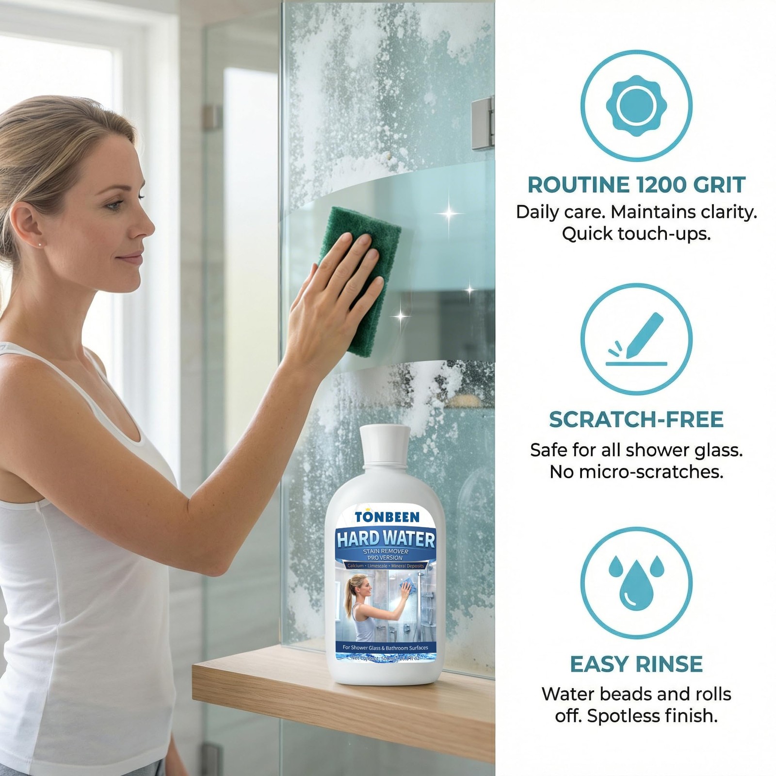 TONBEEN Hard Water Stain Remover Paste with 800 & 1200 Grit Pads, 500ml