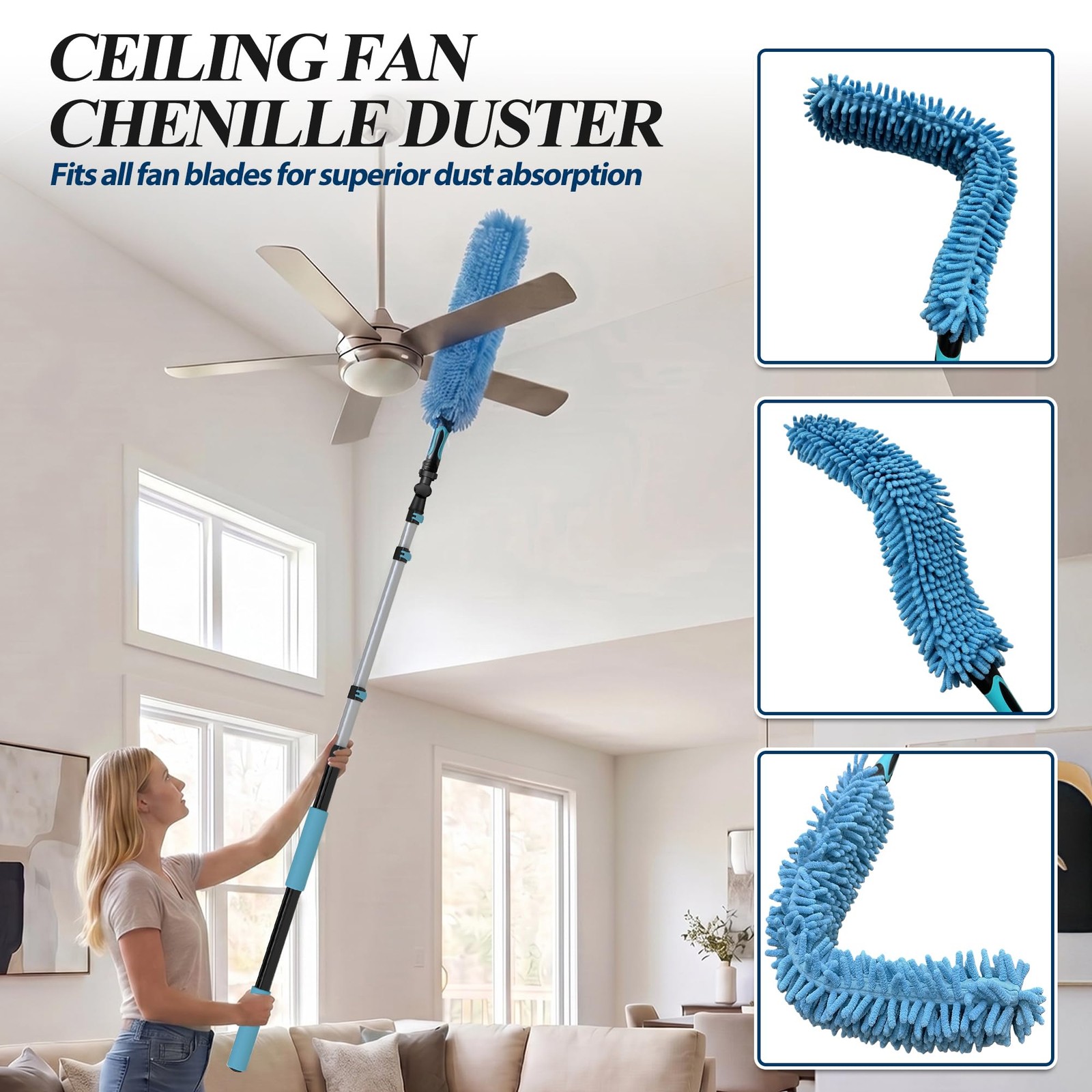20FT High Duster Cleaning Tools with 3-12FT Extension Poles – Reusable Fan Du…