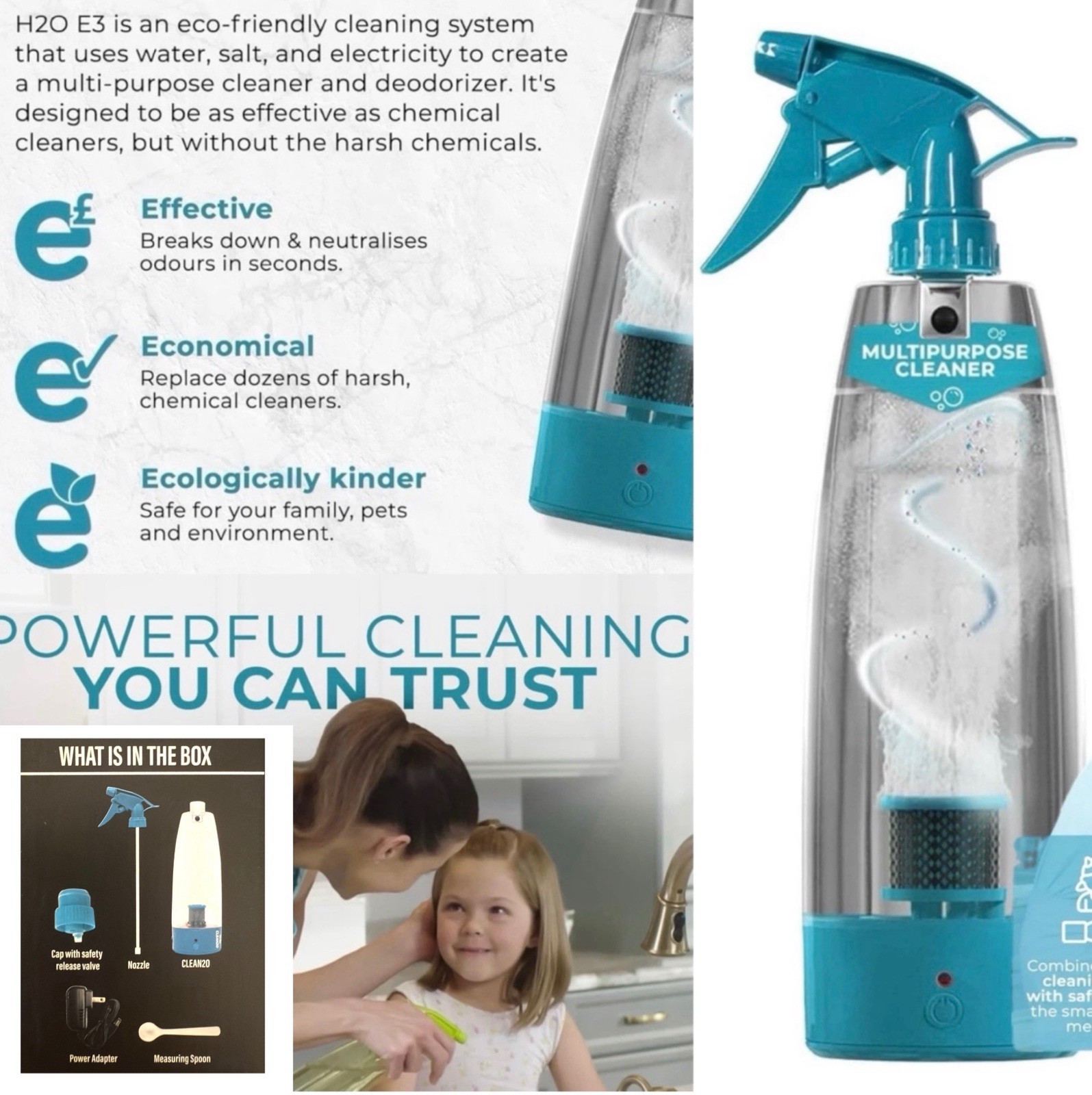 Multi-Purpose Natural Cleaner Kit w Adapter Prepper Supply Uses Salt & Water Eco