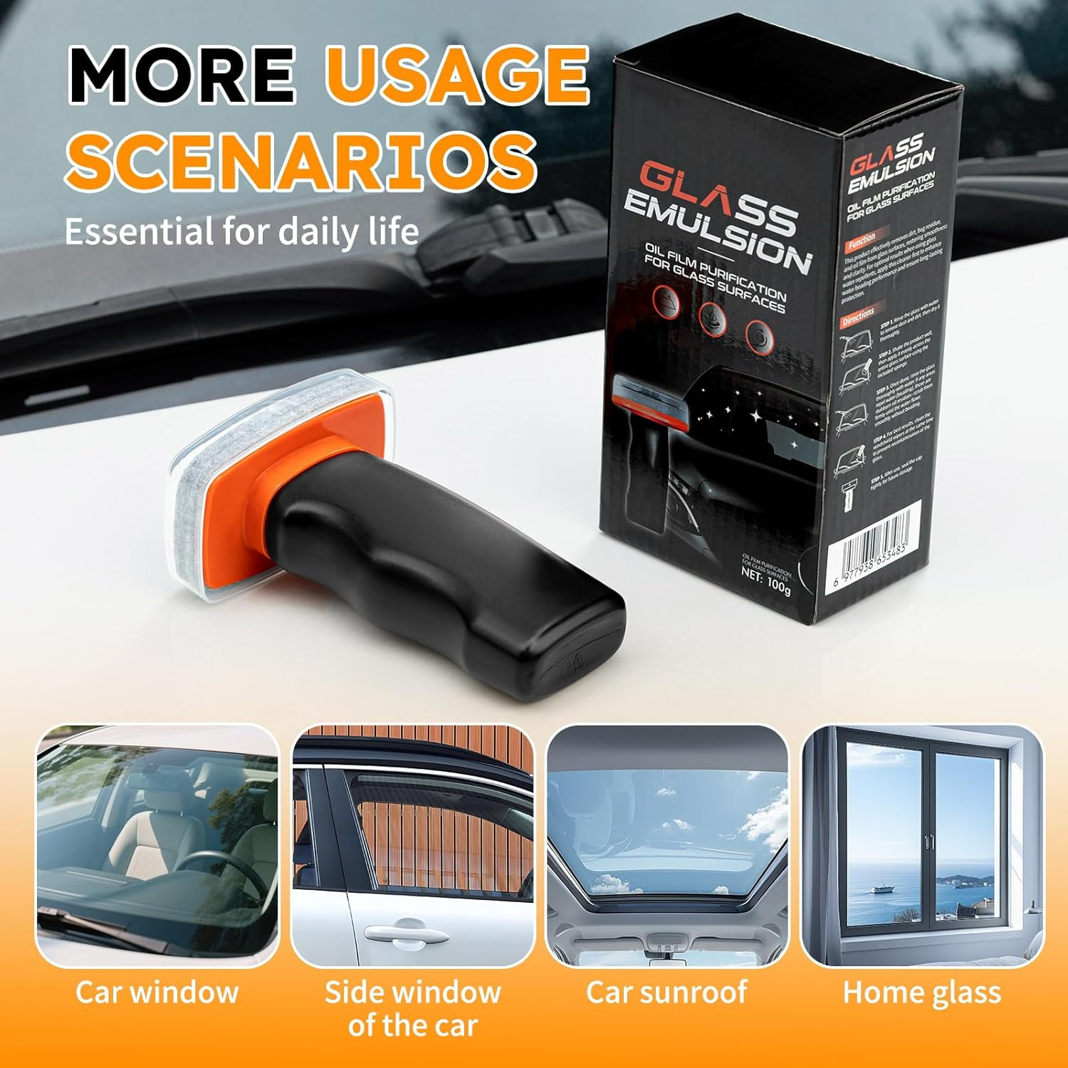 Glass Oil Film Remover for Car Windshield, Handheld Roll-On Glass Emulsion Clean