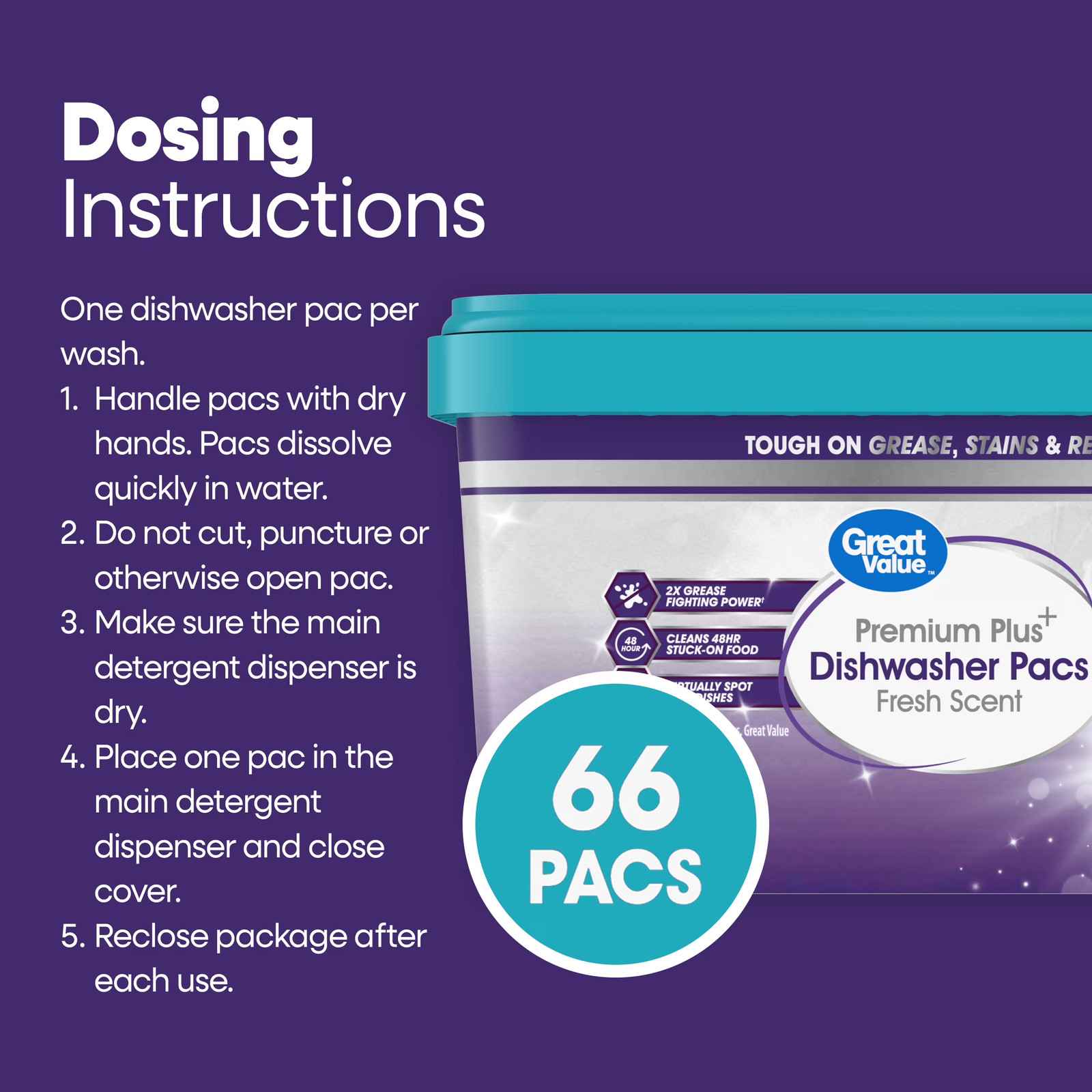 Premium Plus Dishwasher Pacs, Fresh Scent, 66 Count