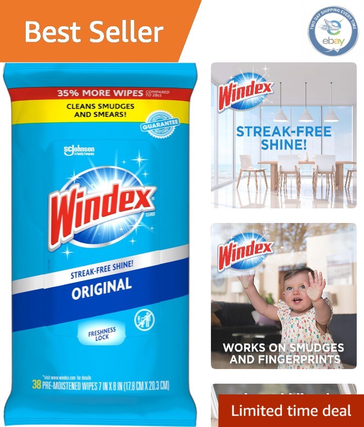 Streak-Free Glass Cleaning Wipes, 38 Count – Fresh Scent & Biodegradable