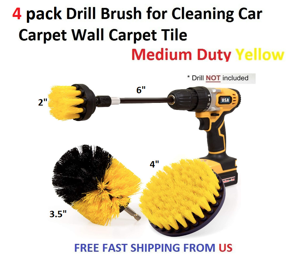 4 Pack Drill Brush for Cleaning Car Carpet Wall Carpet Tile Medium Duty Yellow