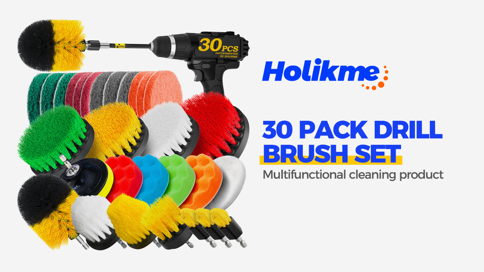 30-Piece Drill Brush Set with Long Handle, Scrub Pads for Grout, Tiles, Bathtub,