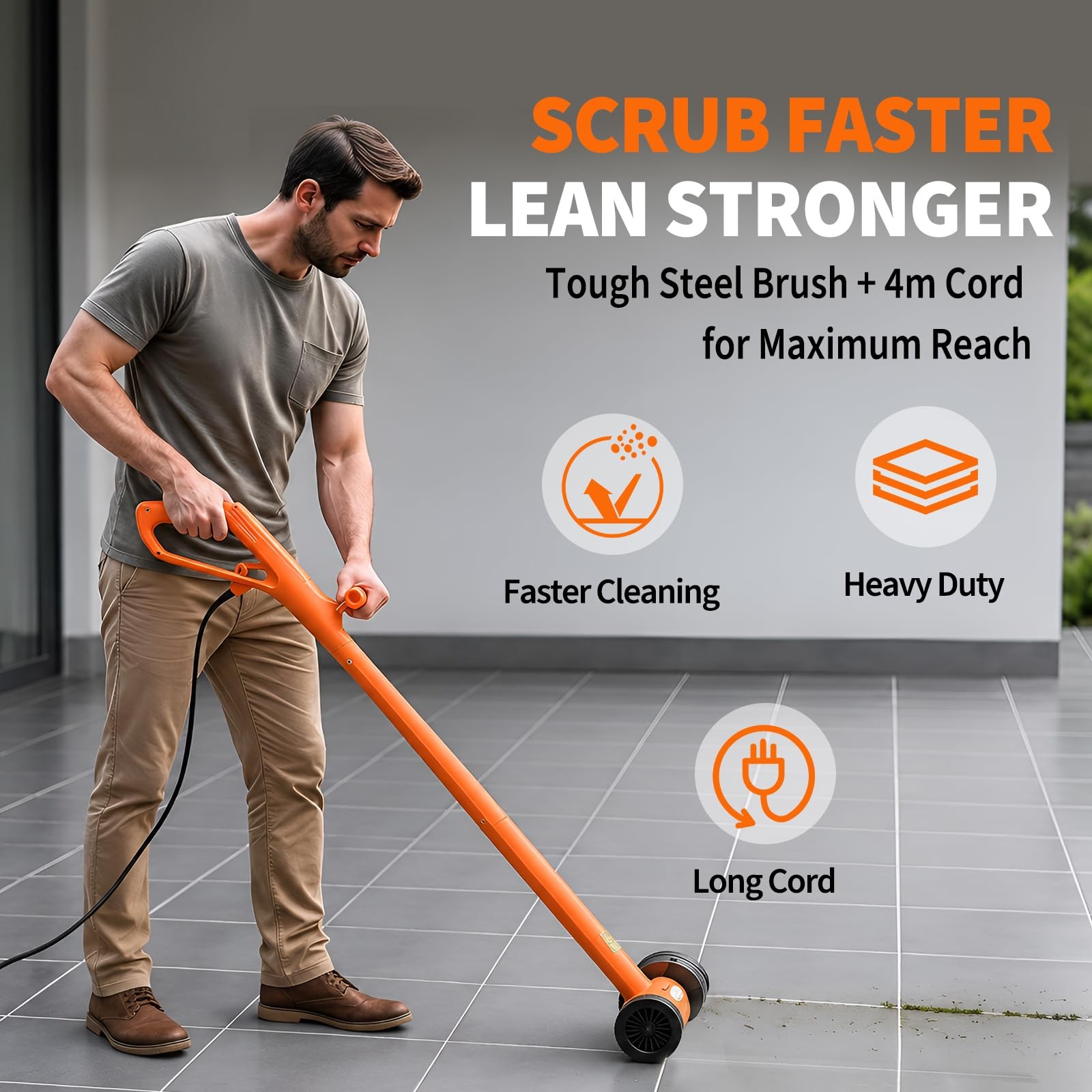 Electric Stand-Up Grout Cleaner 2-in-1 Wire & Hard Brush – Heavy-Duty Floor S…