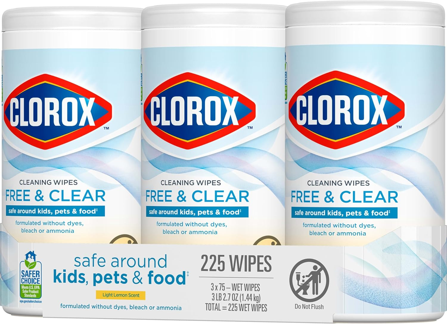 Free & Clear Cleaning Wipes, Light Lemon Scent, 75 Count, Pack of 3 (Pack May Va