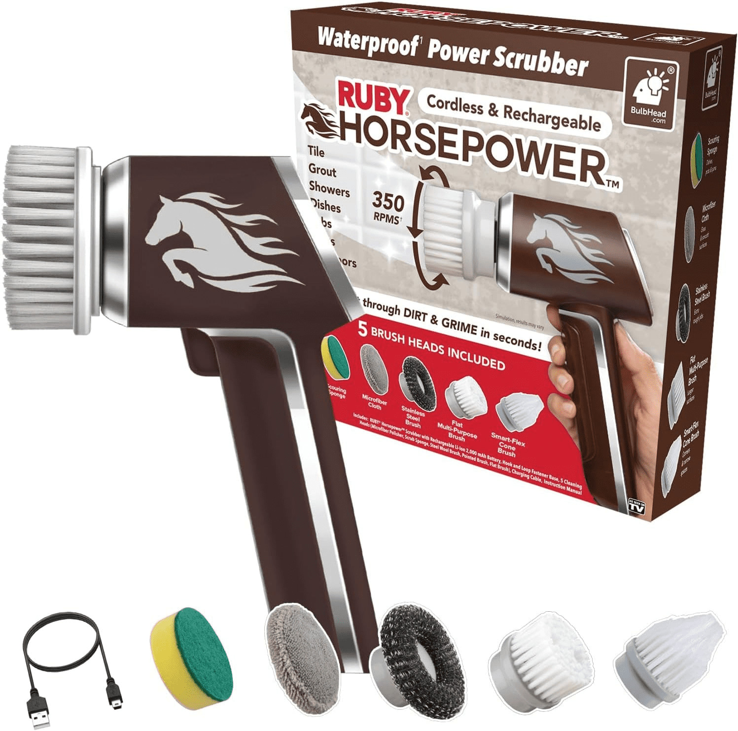 Horsepower 350 RPM Electric Scrubber, 5 Heads Waterproof Rechargeable