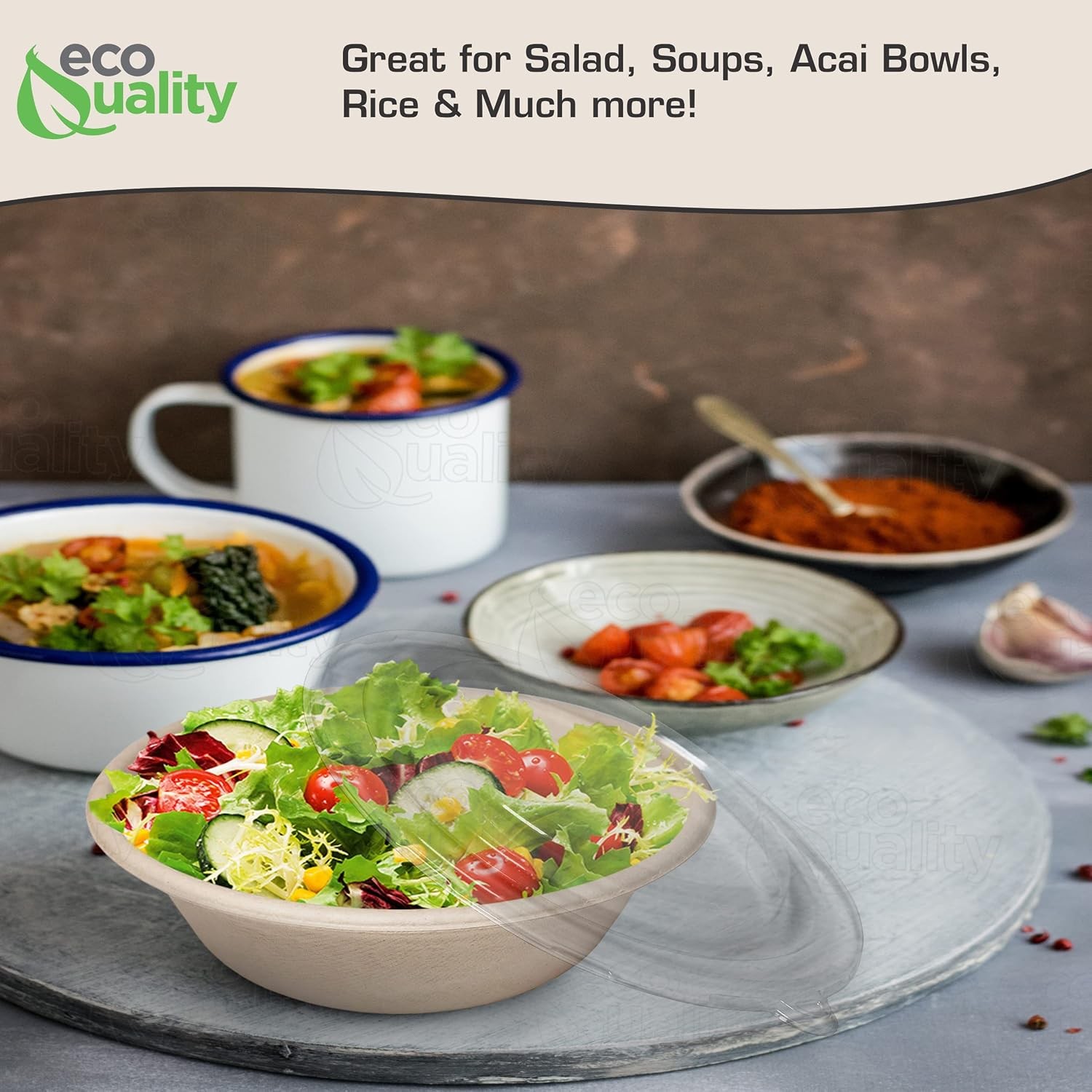 150 Count – EcoQuality 32oz Round Disposable Bowls with Dome Lids Natural Suga