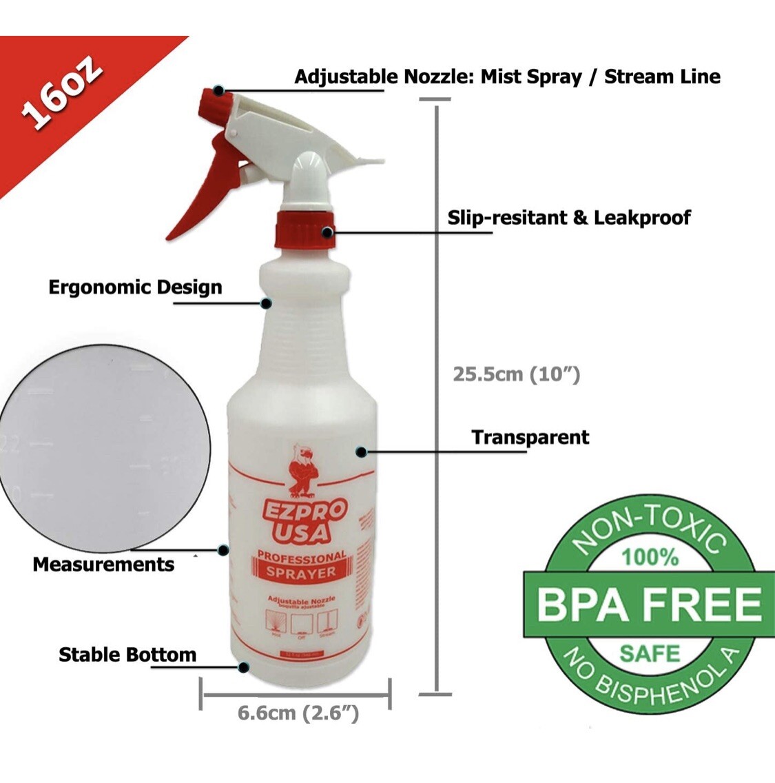 EZPRO USA Empty Plastic Spray Bottles 16oz, Upside Down, Adjustable Mist, 16pack