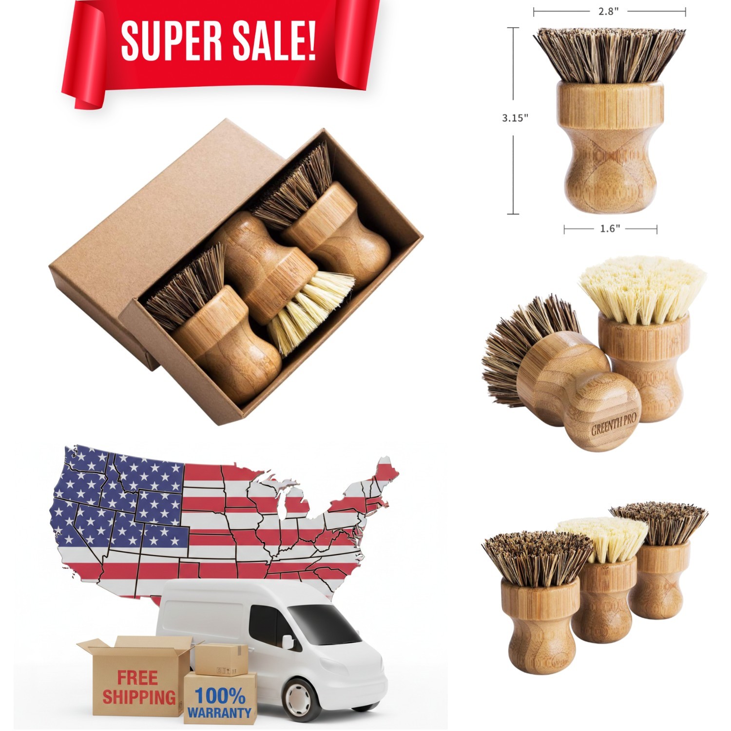 Heat-Resistant Bamboo Cleaning Brush Set – Perfect for Pots, Pans & Veggies