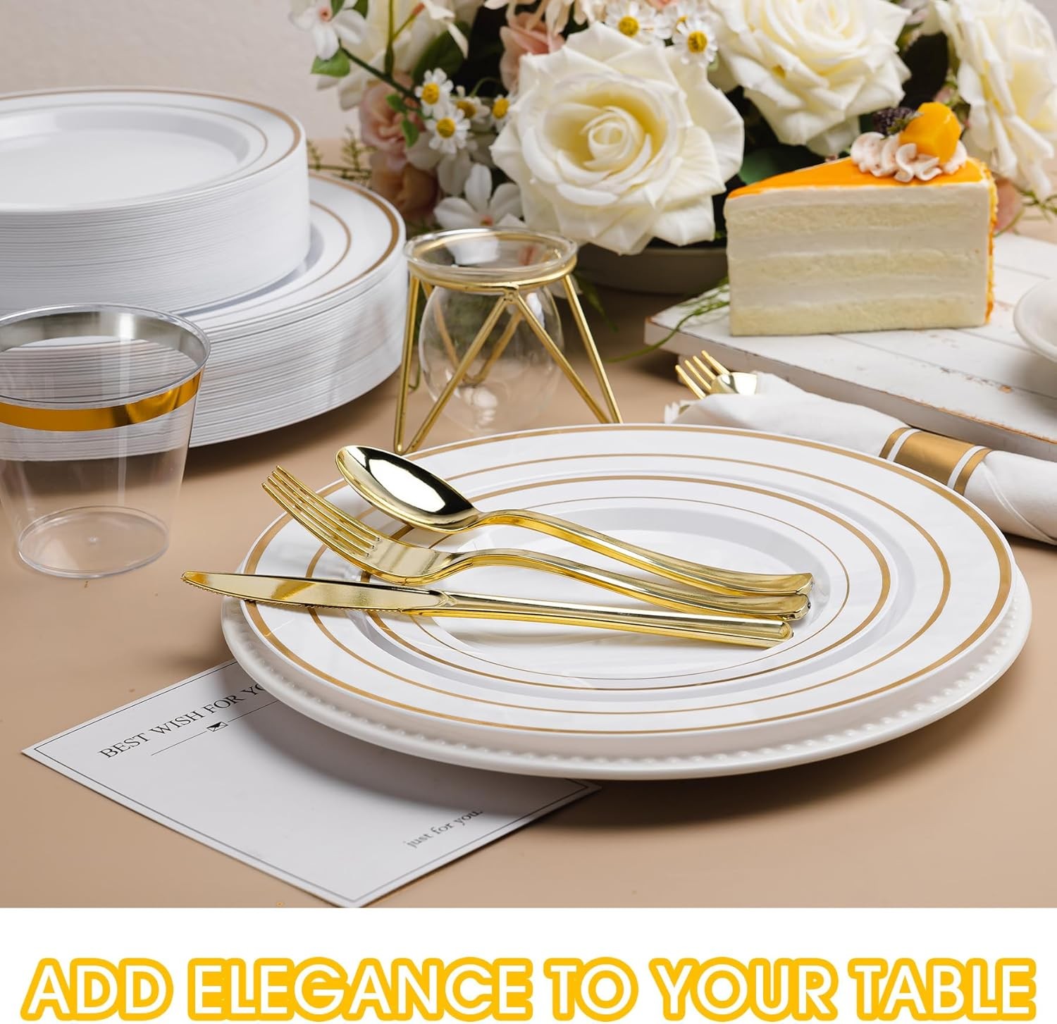 350 PCS White and Gold Plastic Dinnerware Set for 50 Guests, Disposable Party