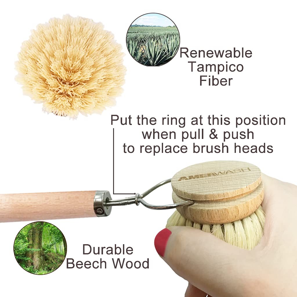 Dish Brush with Wooden Handle Natural Kitchen Brush for Dishes Vegetable Pots