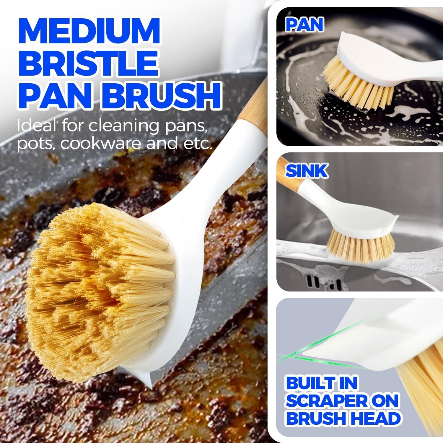 3 Pack Dish Brush Set with Bamboo Handle, Kitchen Brushes for Cleaning Pot, Sink
