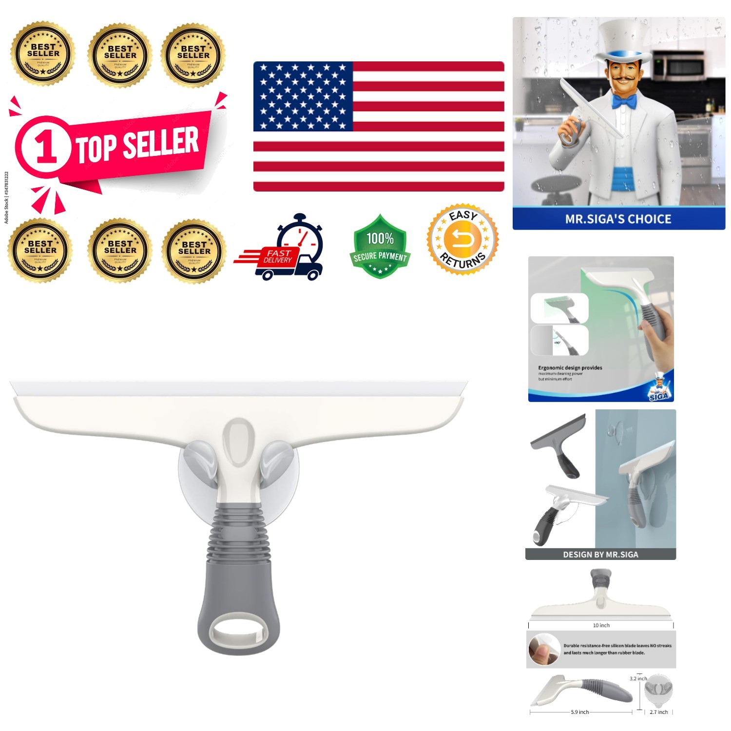 Ergonomic Multi-Purpose Silicone Squeegee – White & Gray, Includes Suction Hook