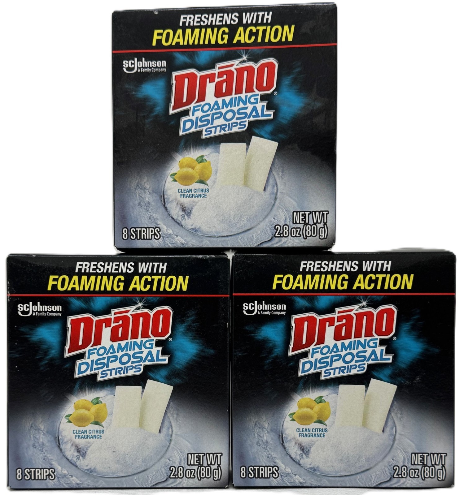 3 Pack Drano Foaming Disposal Strips Clean Citrus Fragrance 8 Strips Per Box