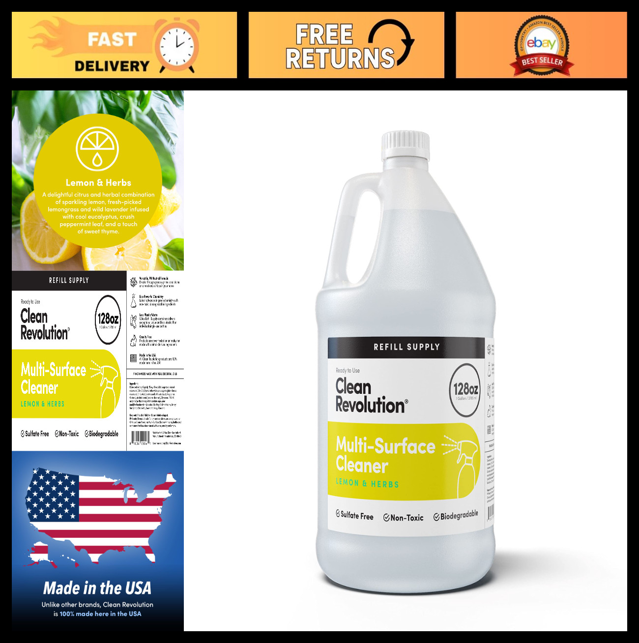 Eco-Friendly Multi Surface Cleaner Refill, Non-Toxic Plant-Based, Lemon & Herbs,