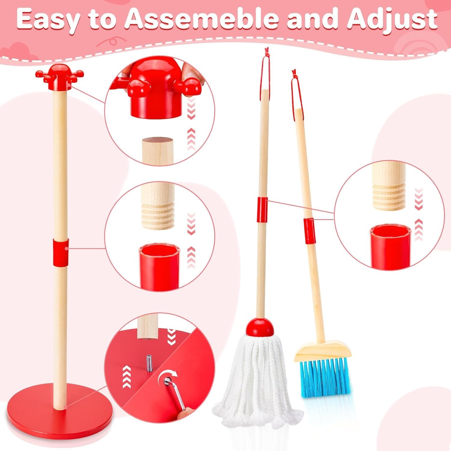Kids Cleaning Toy Set Wooden Broom and Dustpan 9 Piece Playhouse Housekeeping