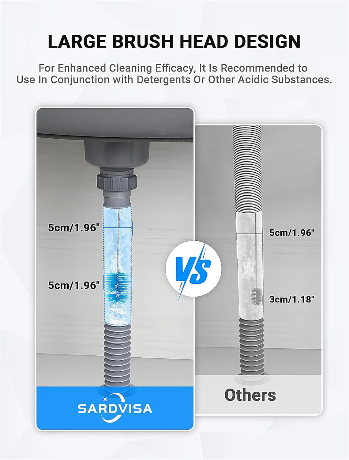 Flexible Long Drain Brush Tool with Large Double Elastic Nylon Ends, Stainless S
